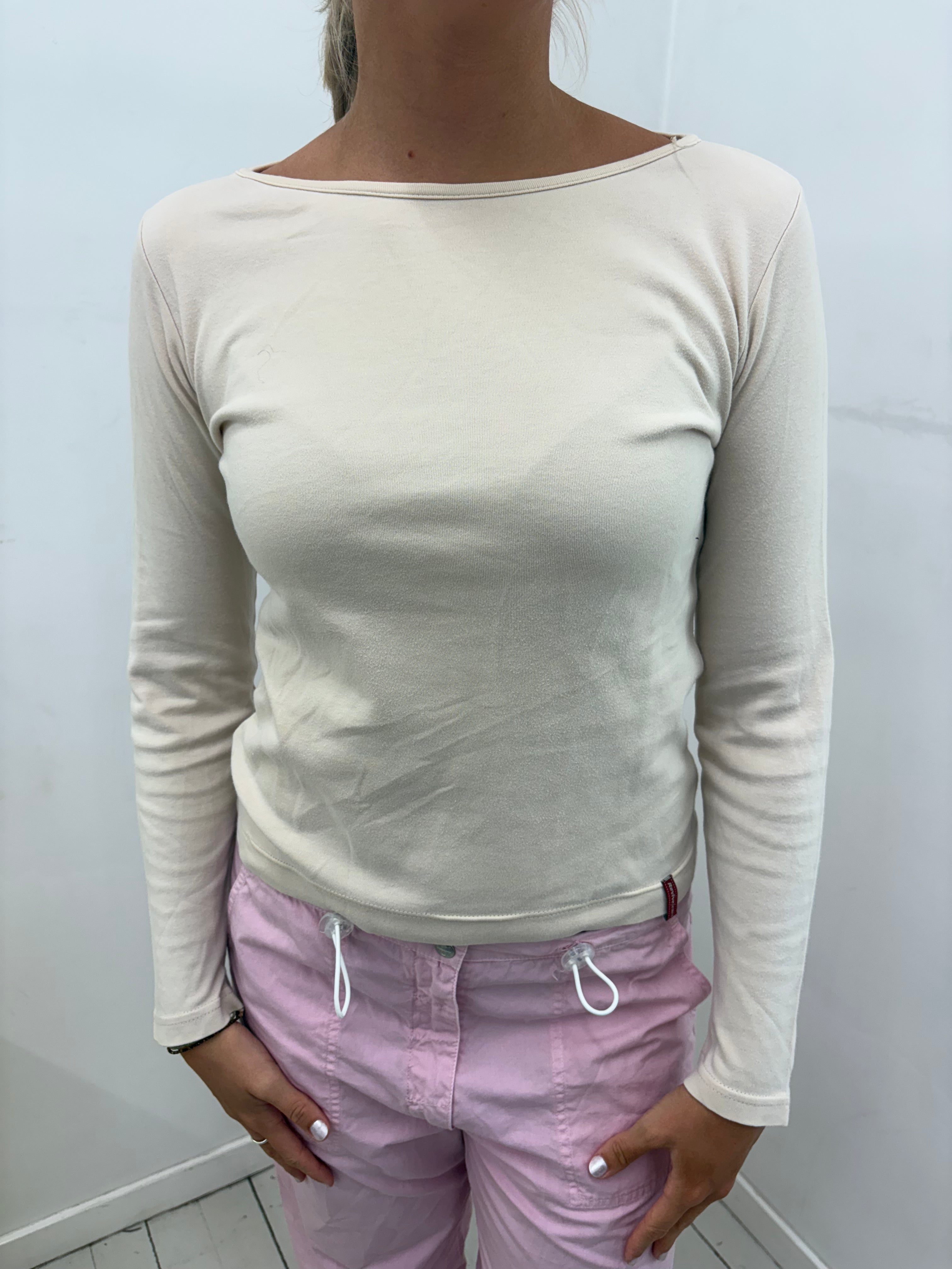 Cream Fitted Boat-Neck Long-Sleeve Top