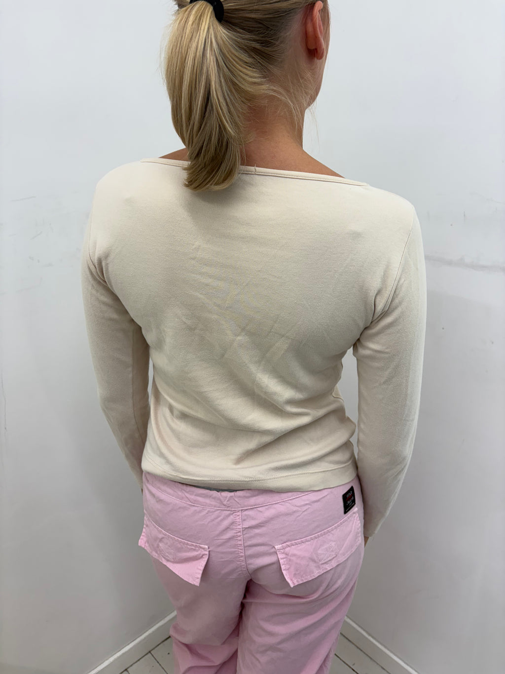 Cream Fitted Boat-Neck Long-Sleeve Top