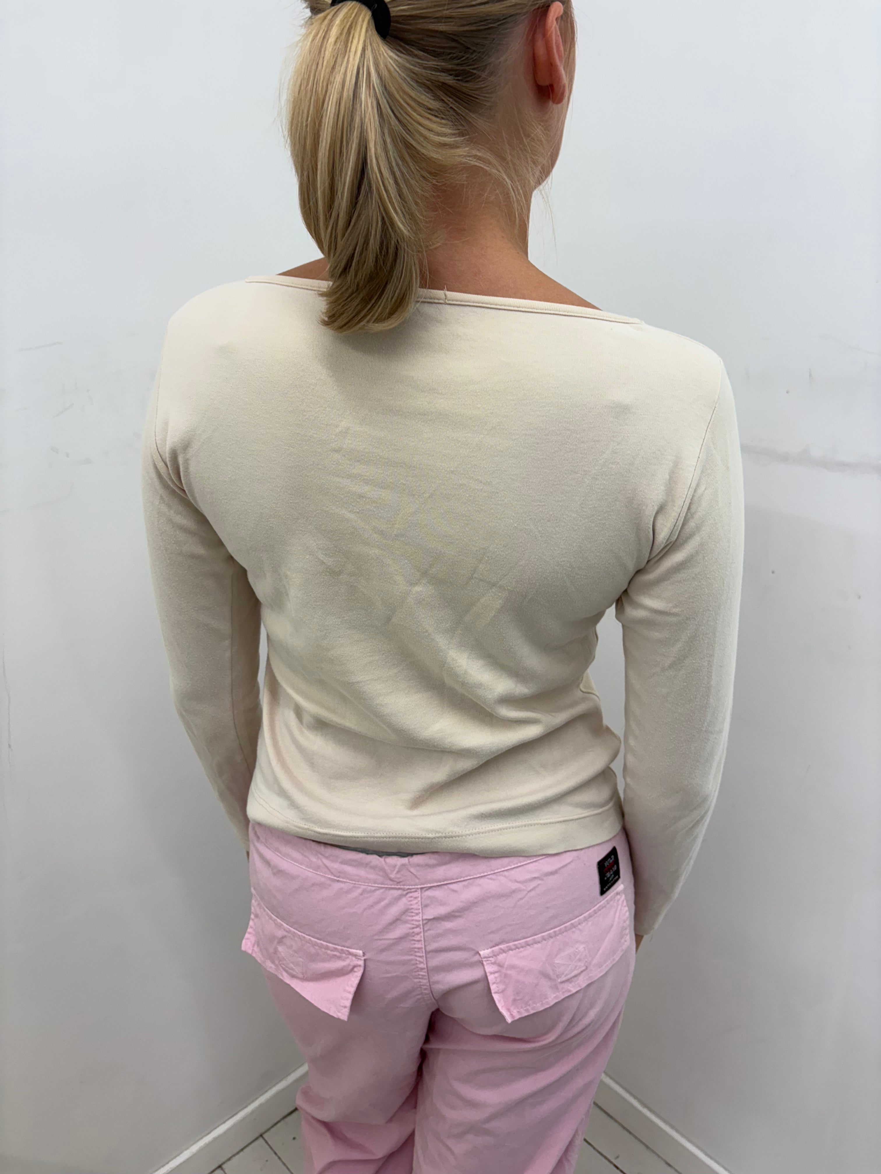 Cream Fitted Boat-Neck Long-Sleeve Top