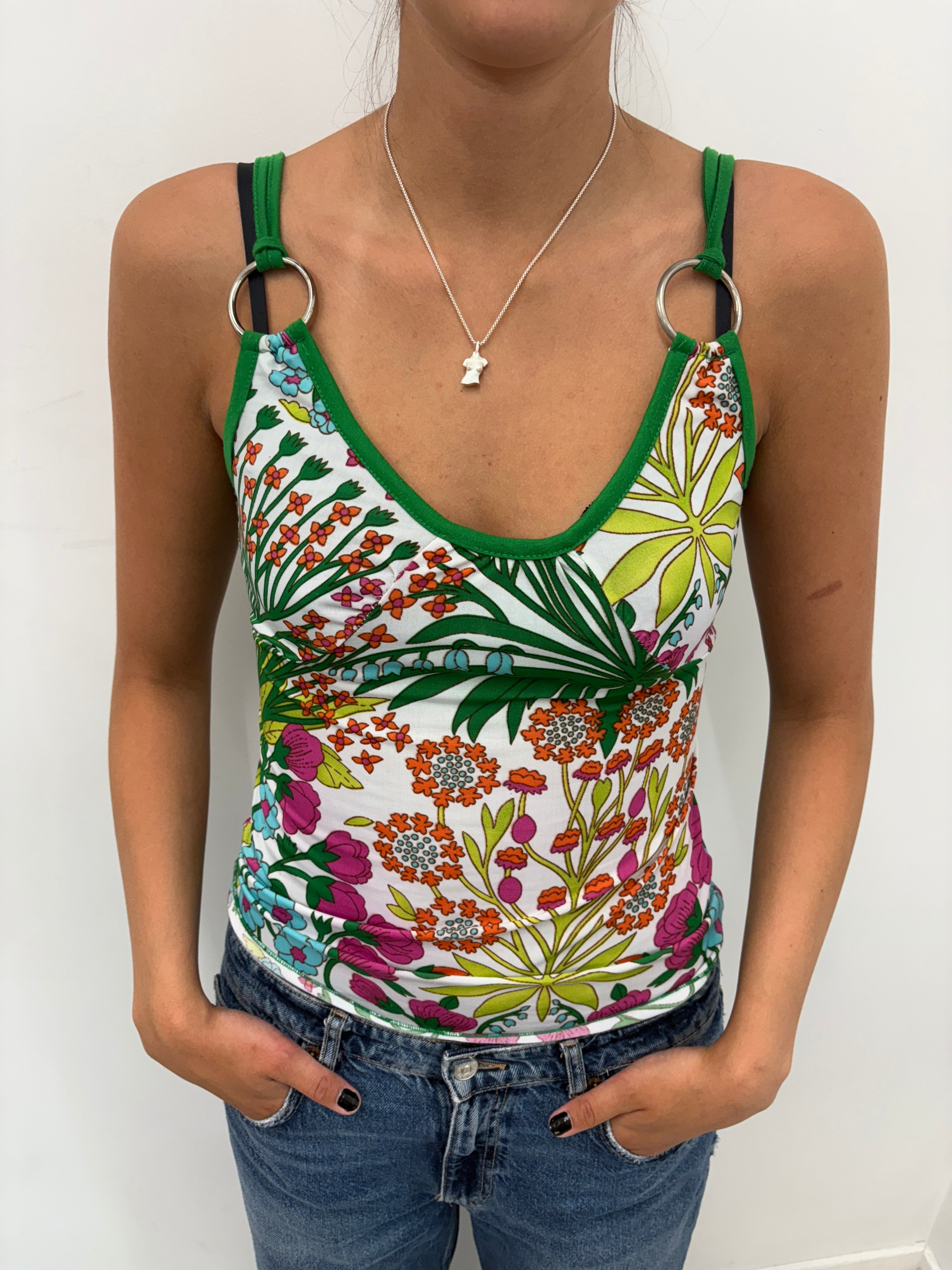 White Floral Cami with Green Trim and Ring Straps