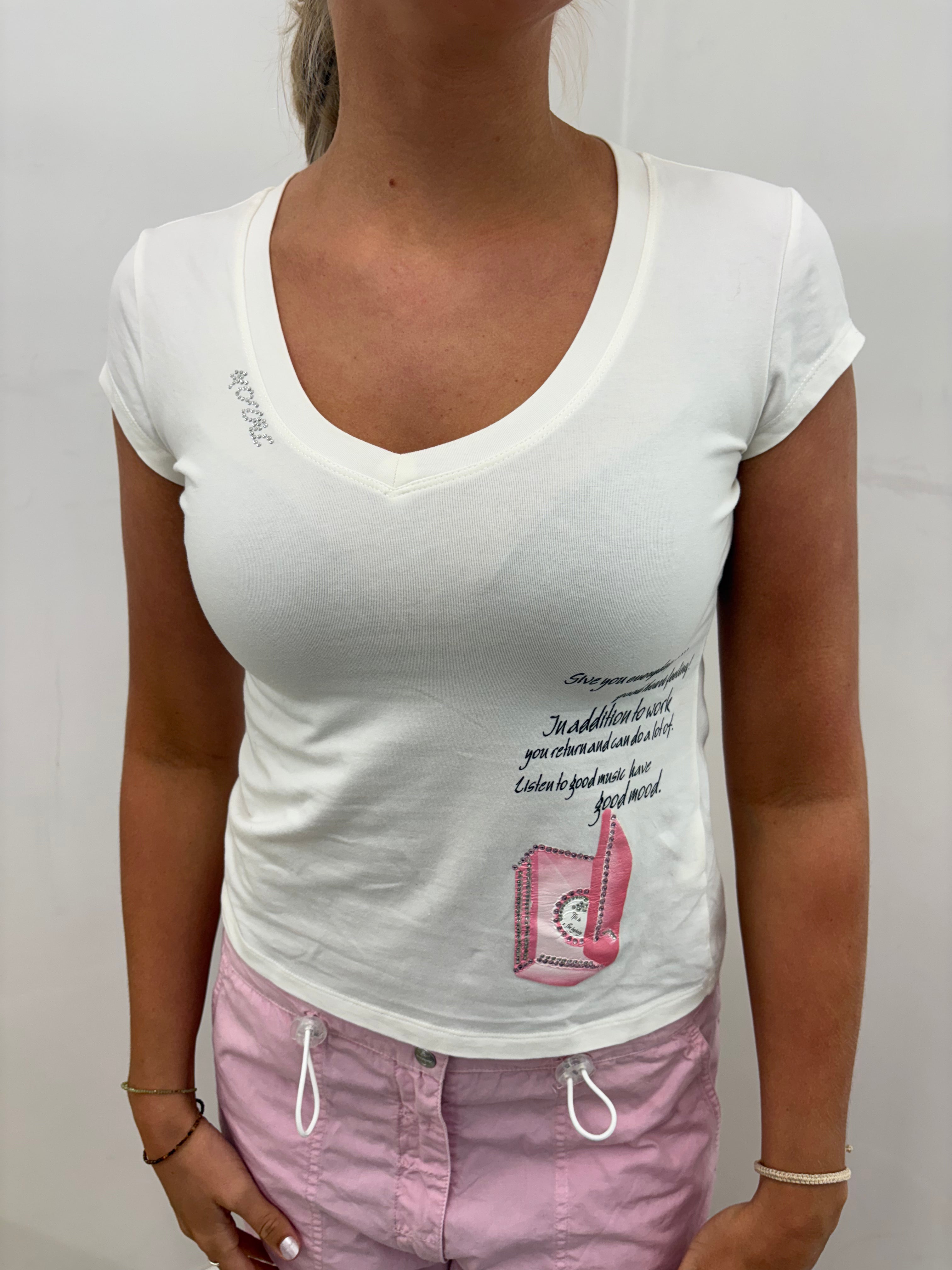 White Music Note Rhinestone Graphic V-Neck Tee
