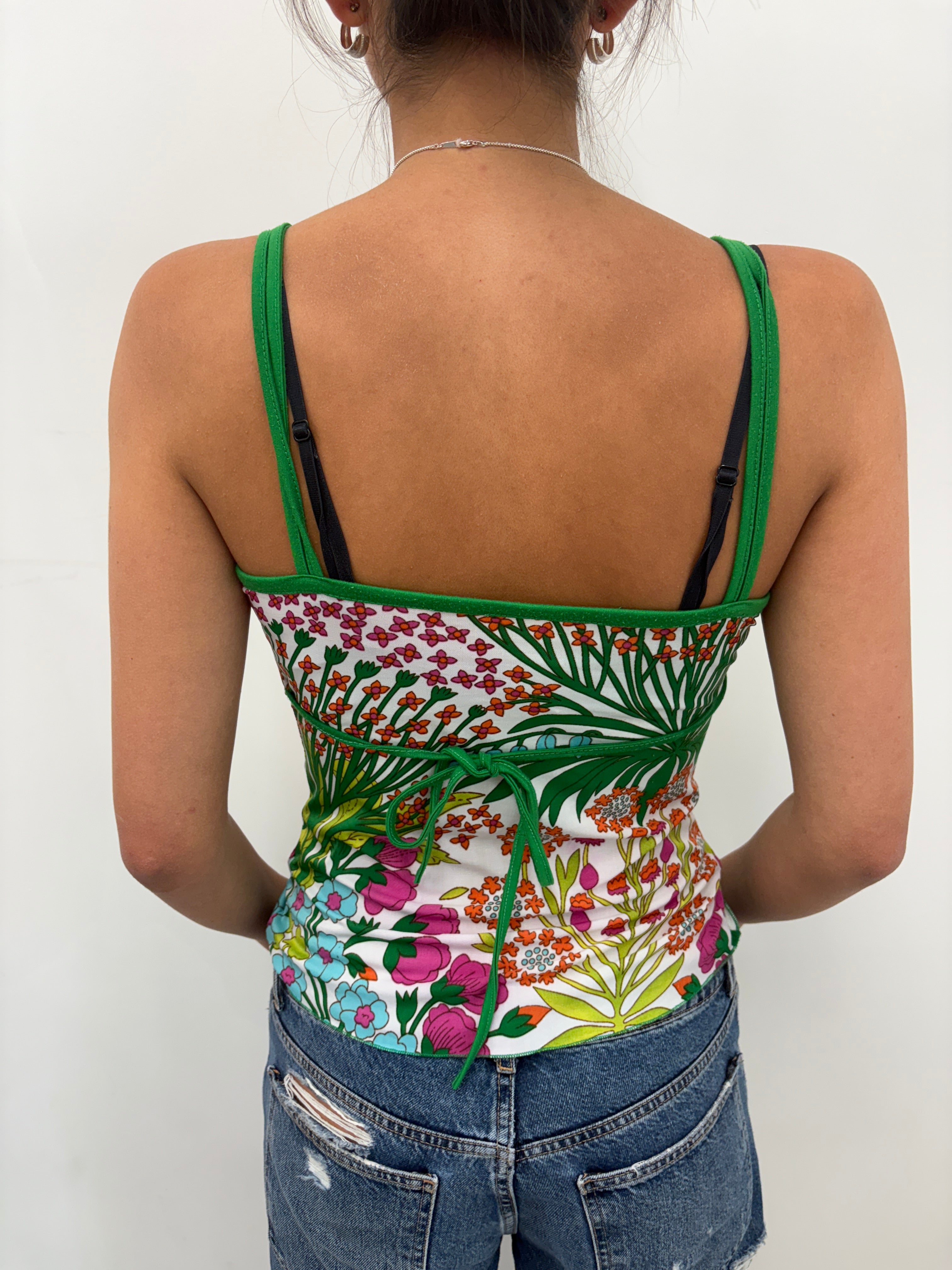 White Floral Cami with Green Trim and Ring Straps