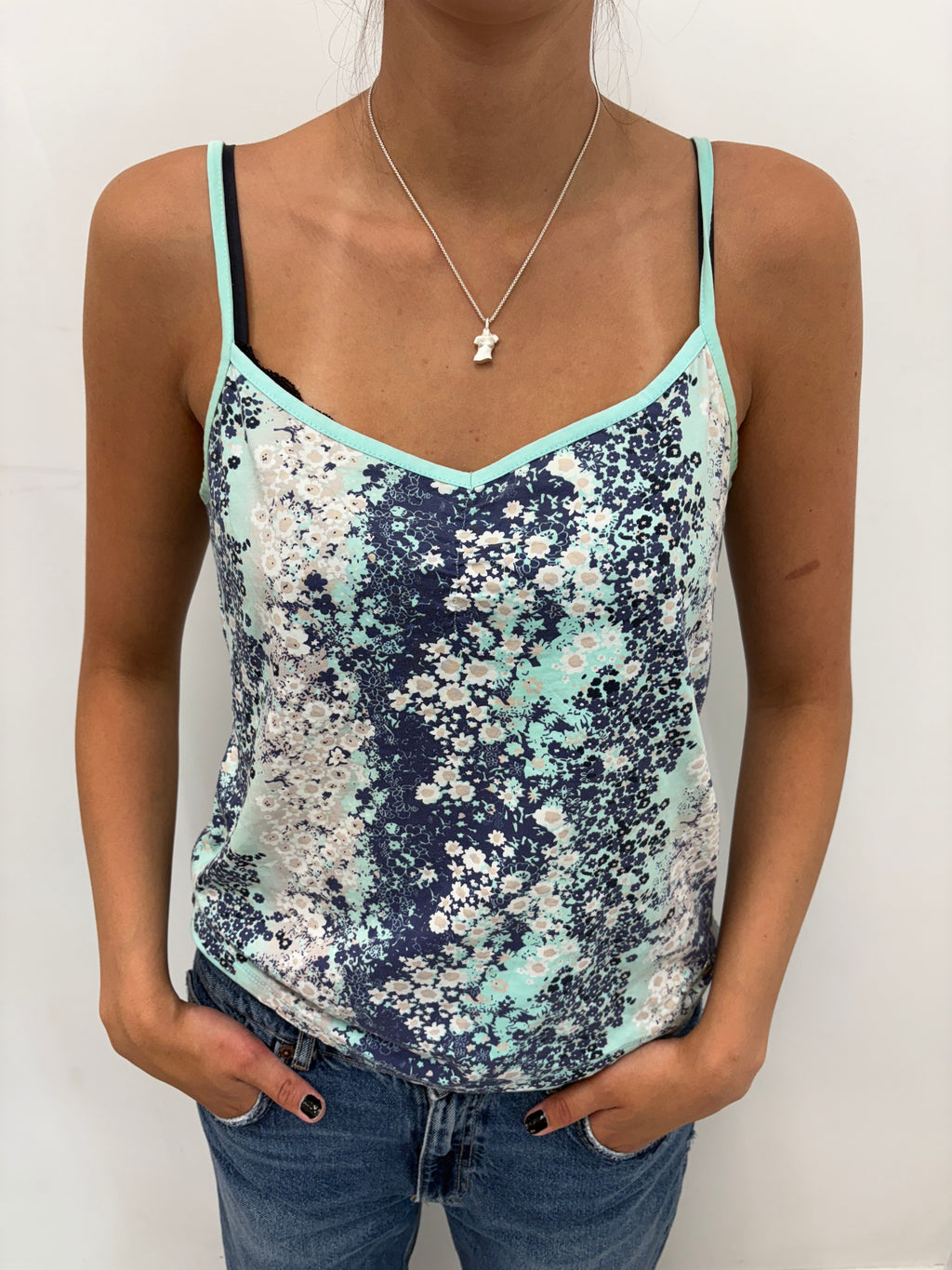 Navy Floral Print Cami with Mint Trim
