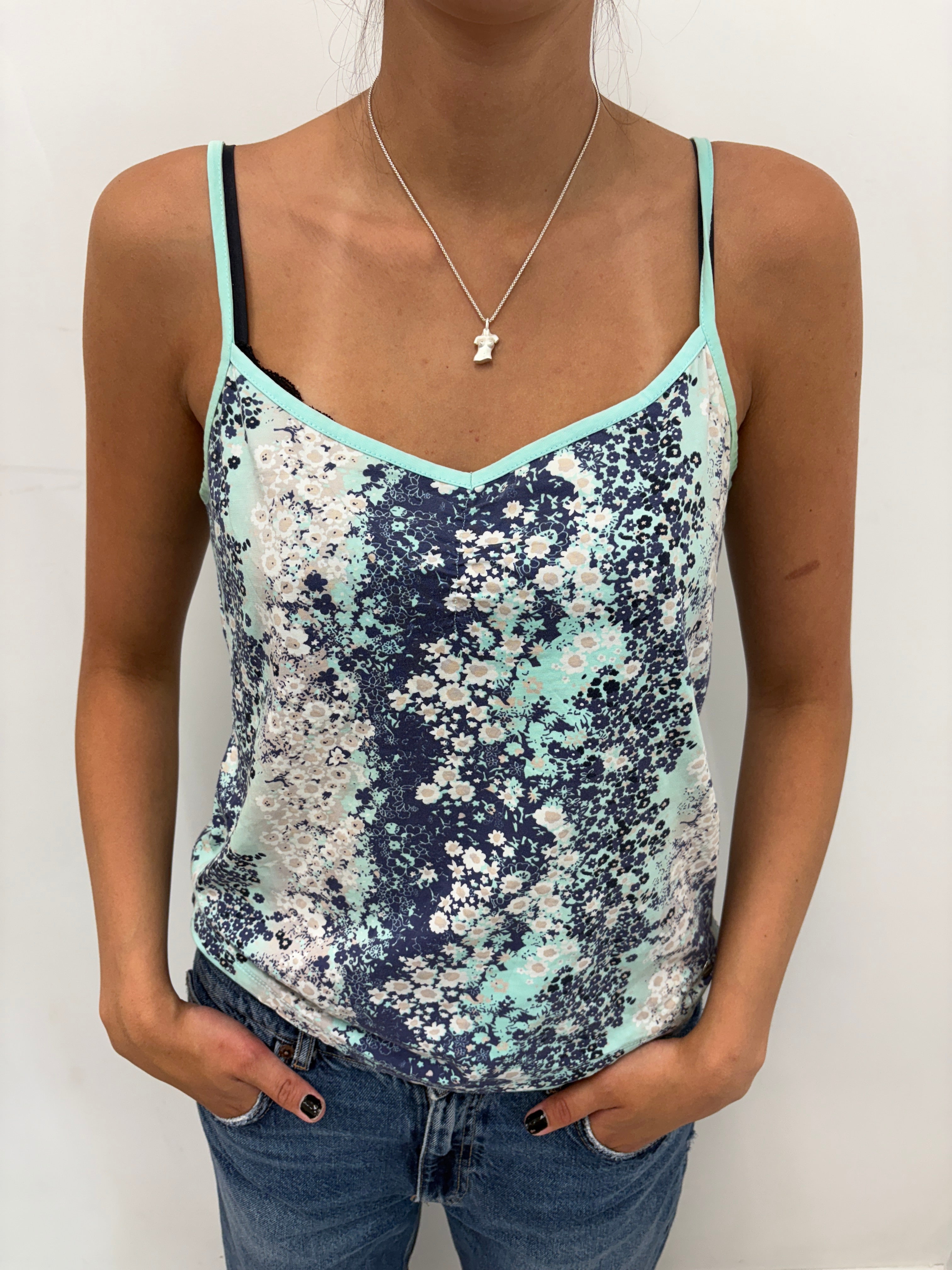 Navy Floral Print Cami with Mint Trim