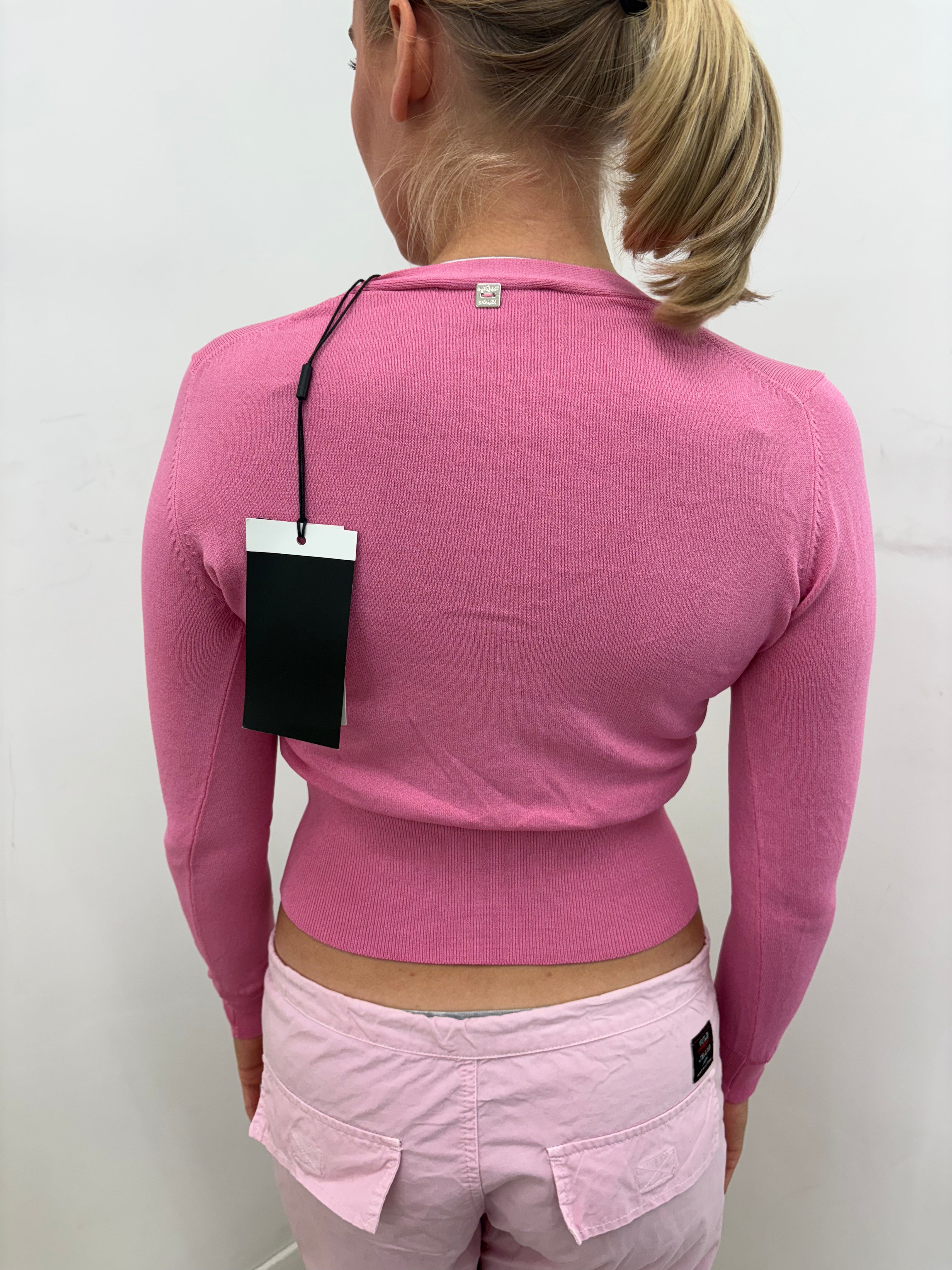 Bubblegum Pink Fine Knit V-Neck Crop Sweater
