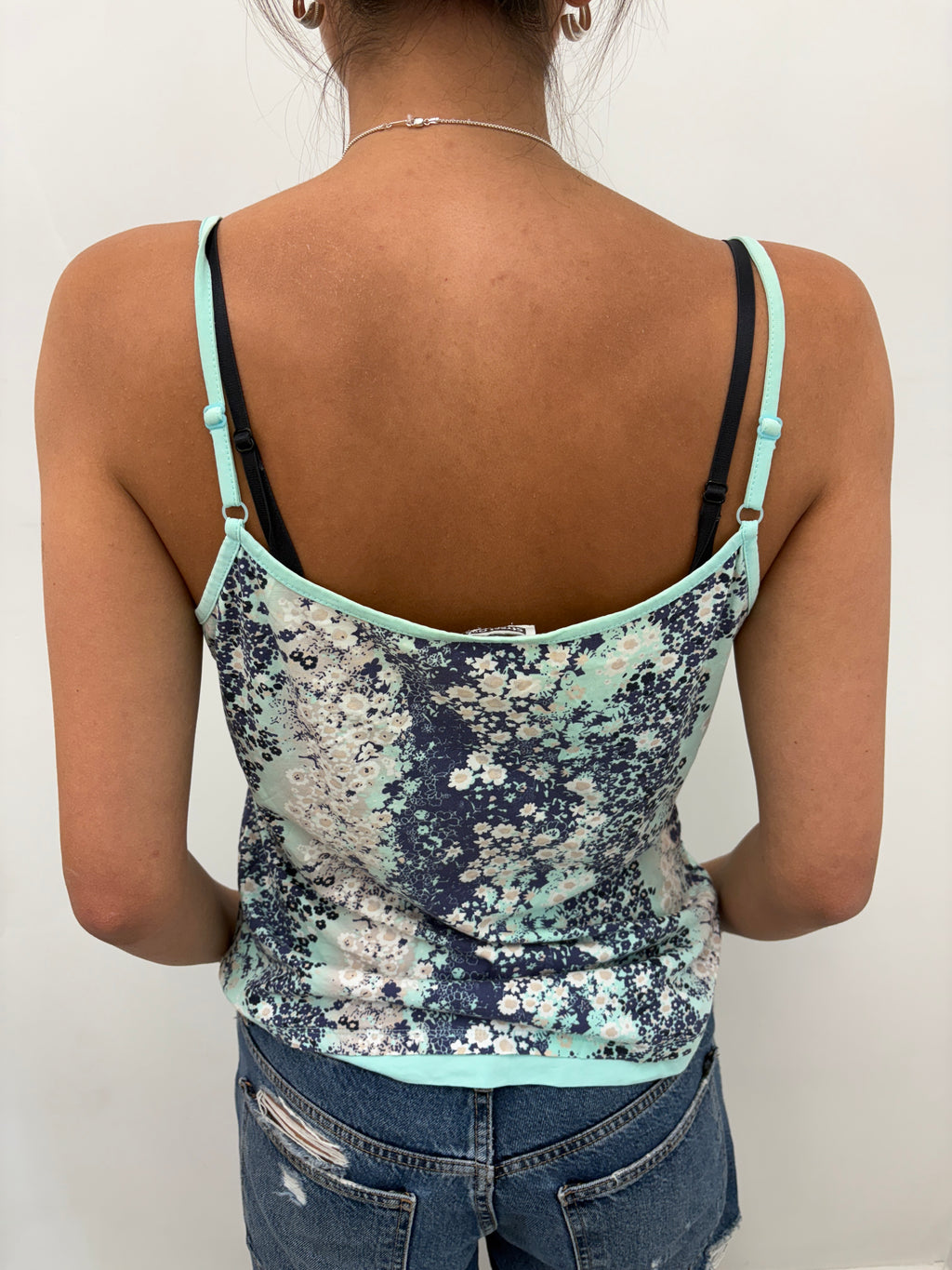 Navy Floral Print Cami with Mint Trim