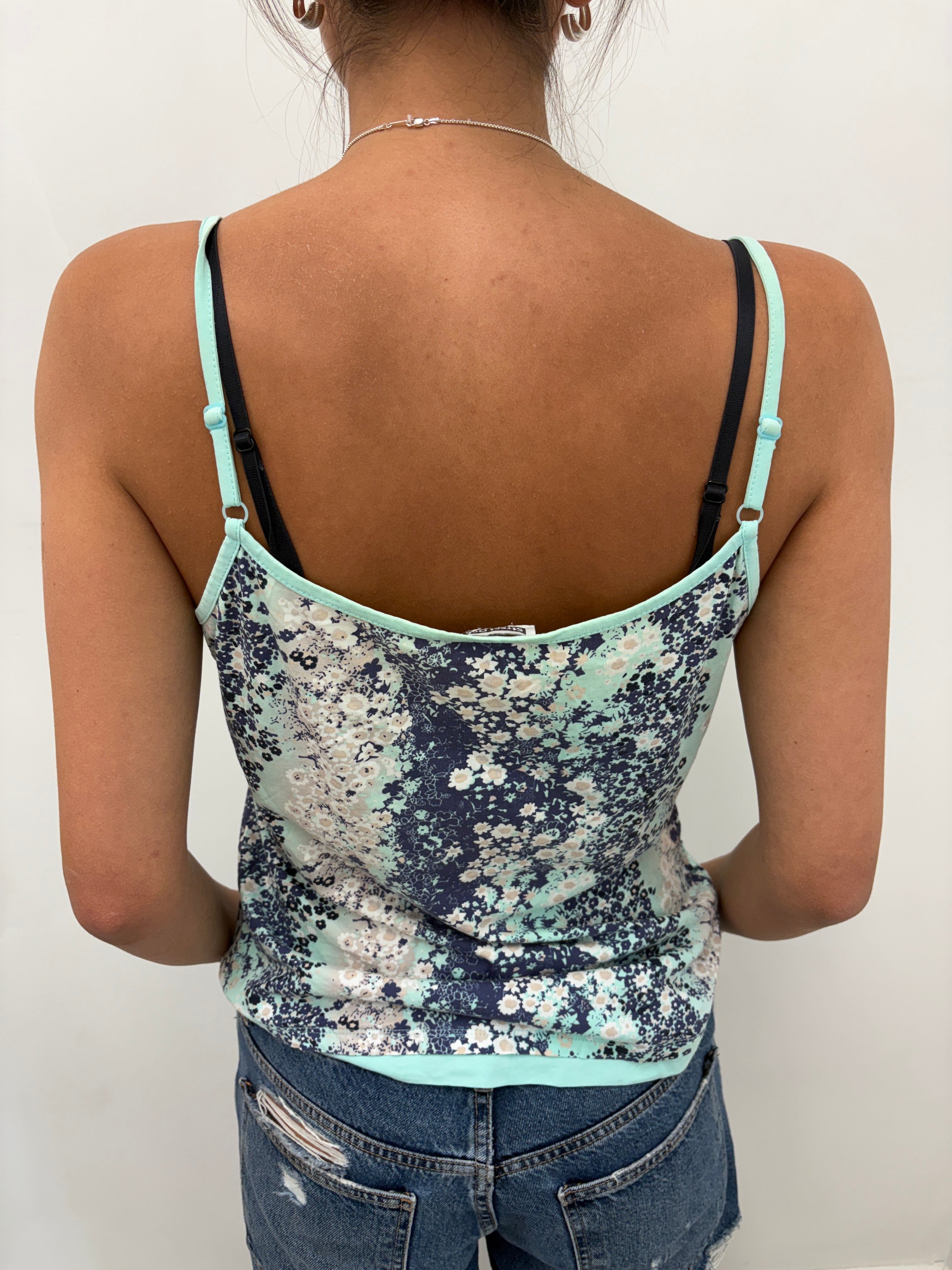 Navy Floral Print Cami with Mint Trim