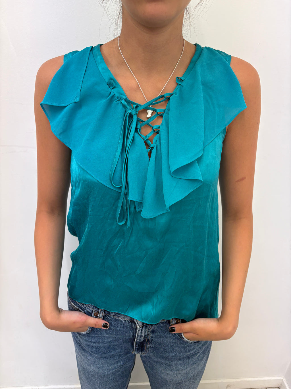 Teal Silk Ruffle Top with Lace-Up Front