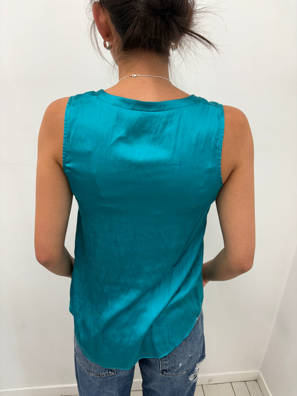 Teal Silk Ruffle Top with Lace-Up Front