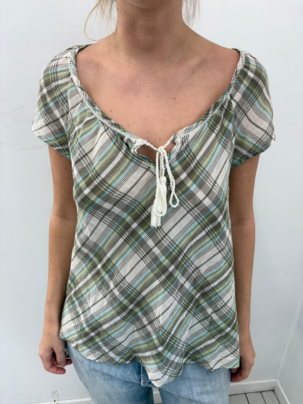 Green Plaid Tie-Front Peasant Top