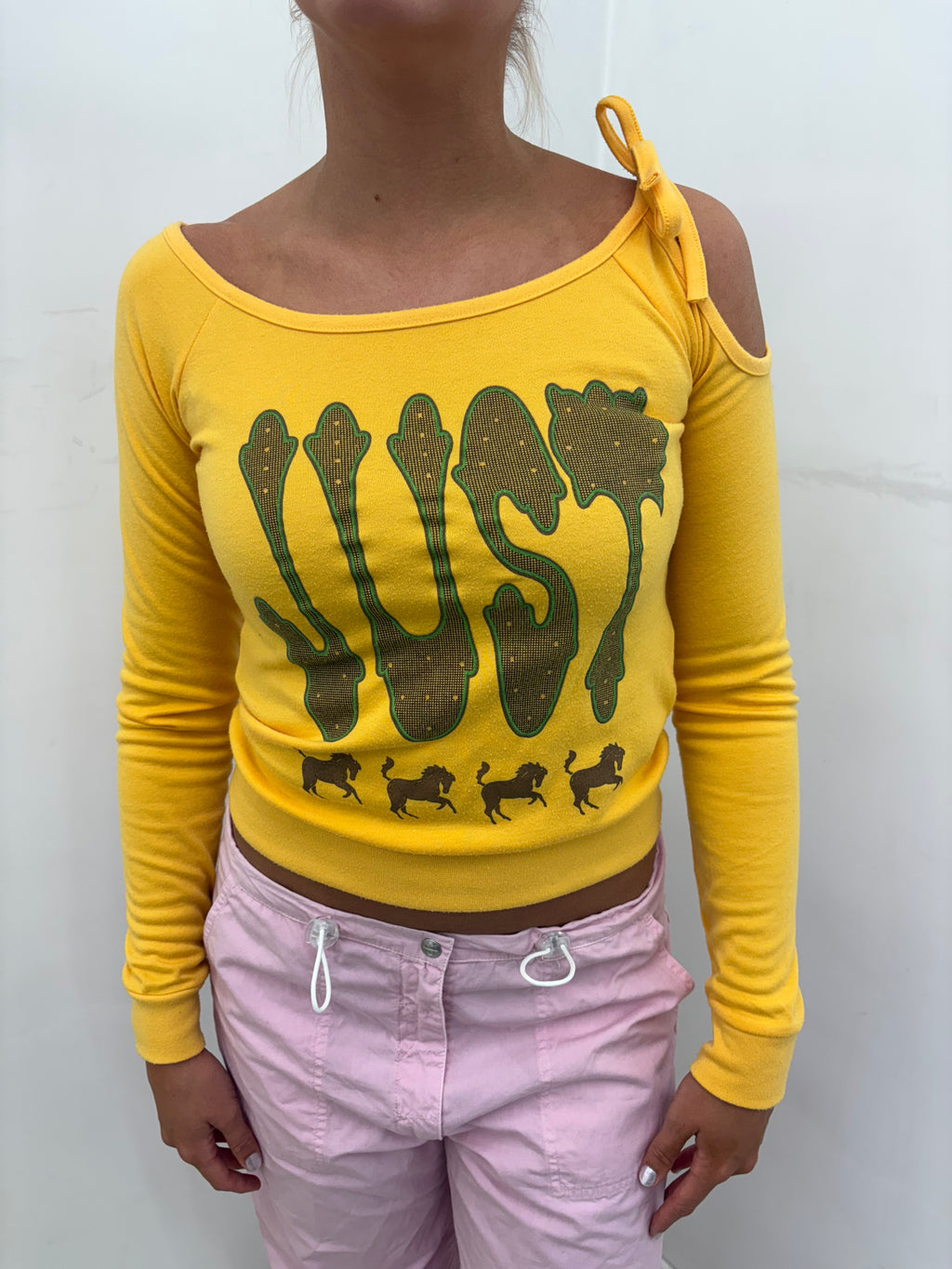 Yellow "Just" Graphic Cold-Shoulder Long-Sleeve Top