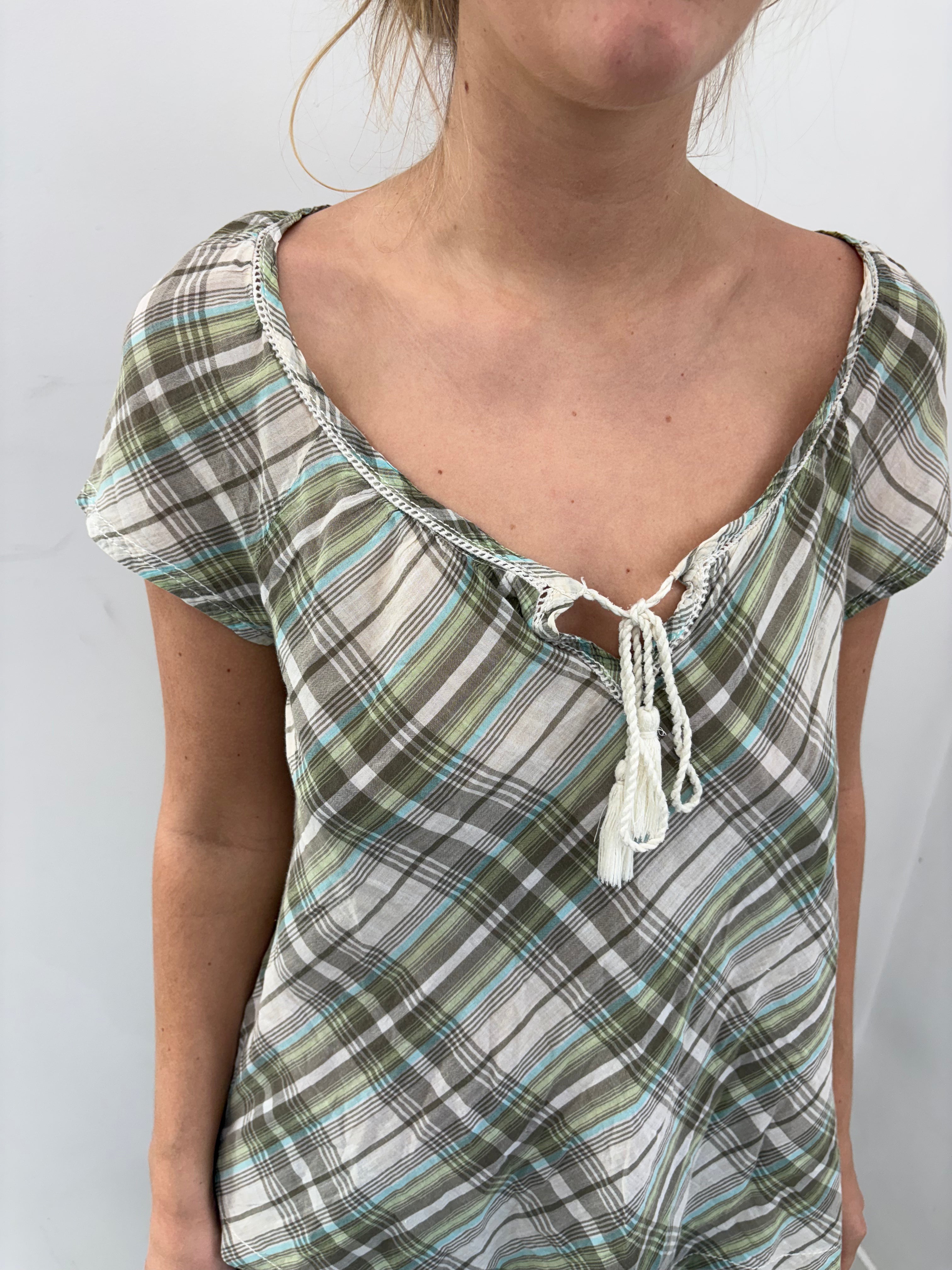Green Plaid Tie-Front Peasant Top