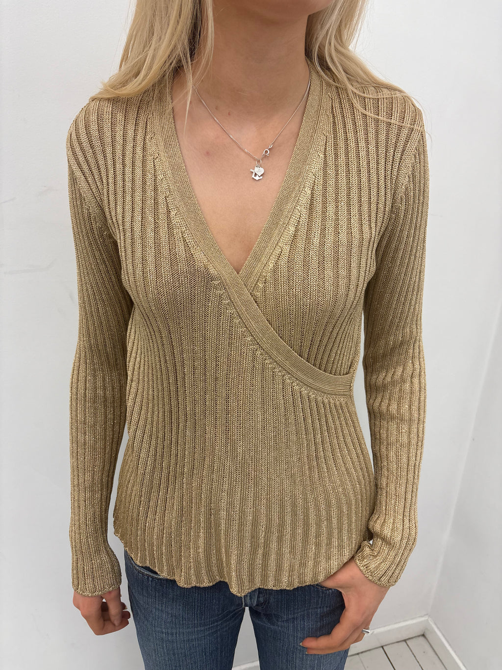 Gold Shimmer Ribbed Wrap-Style Knit Top