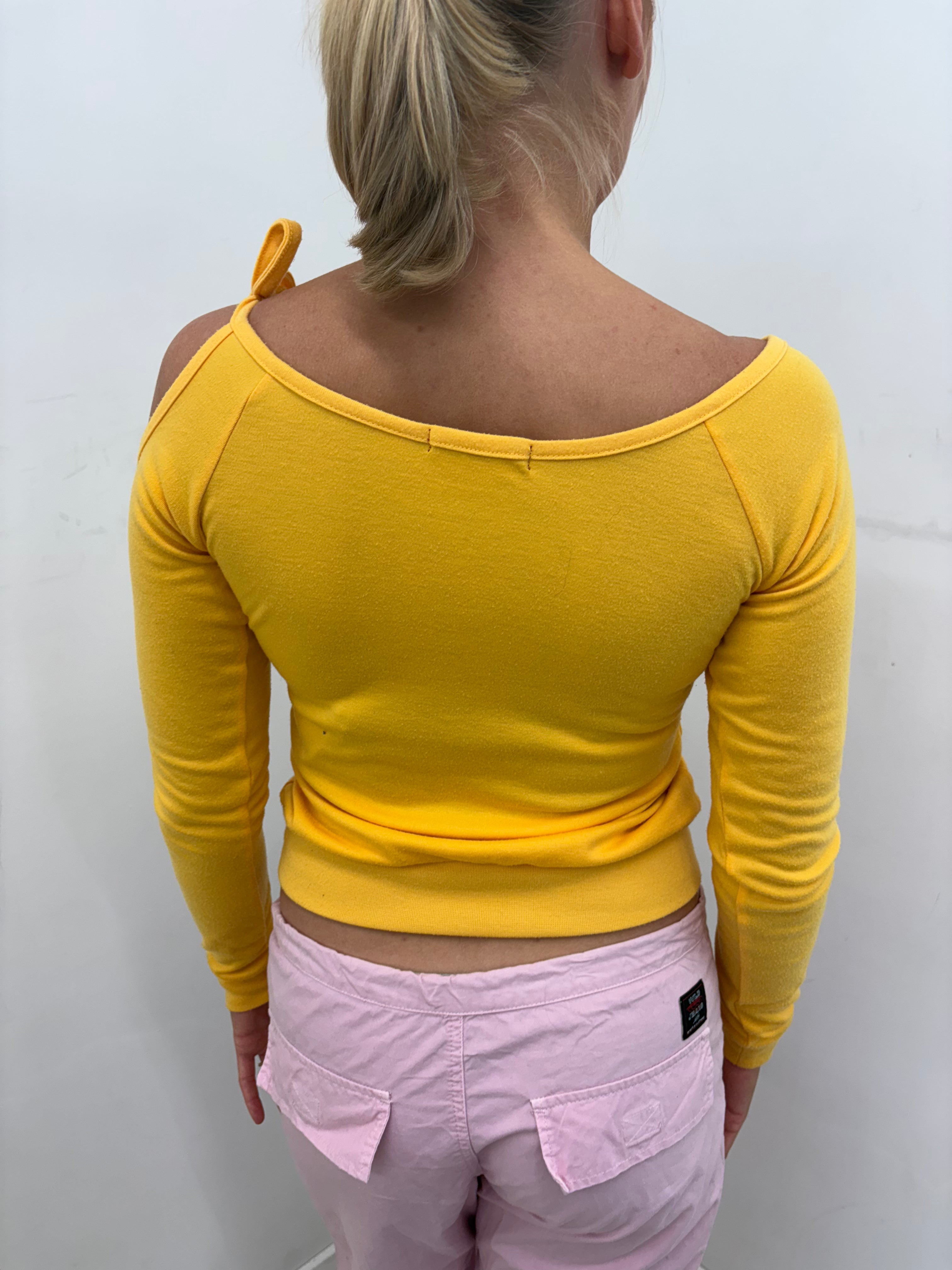 Yellow "Just" Graphic Cold-Shoulder Long-Sleeve Top