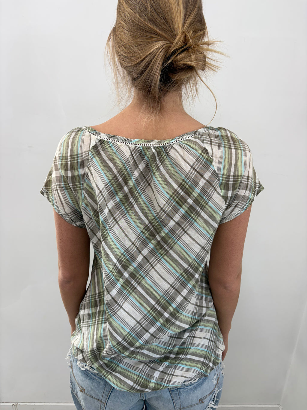 Green Plaid Tie-Front Peasant Top