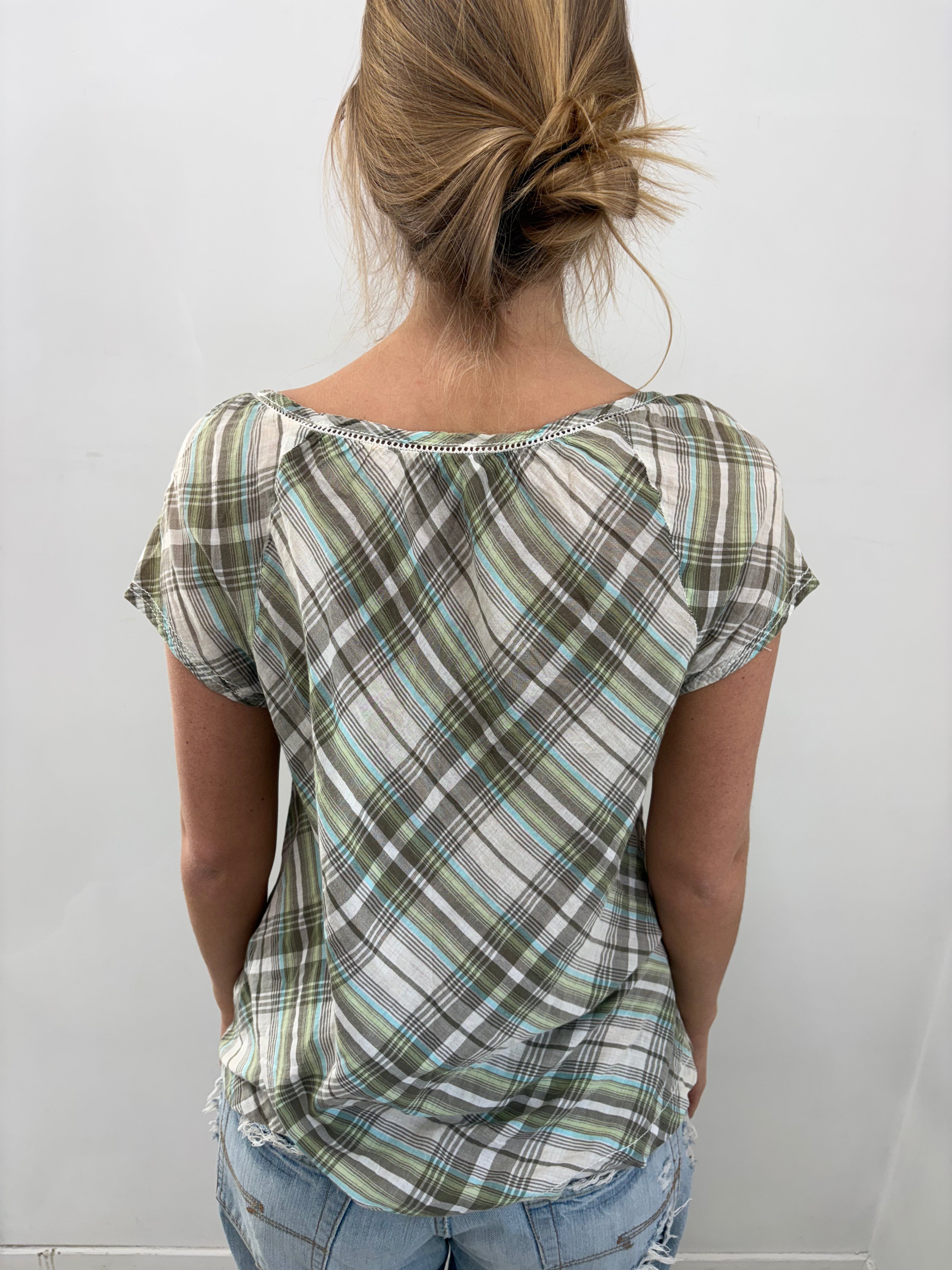 Green Plaid Tie-Front Peasant Top