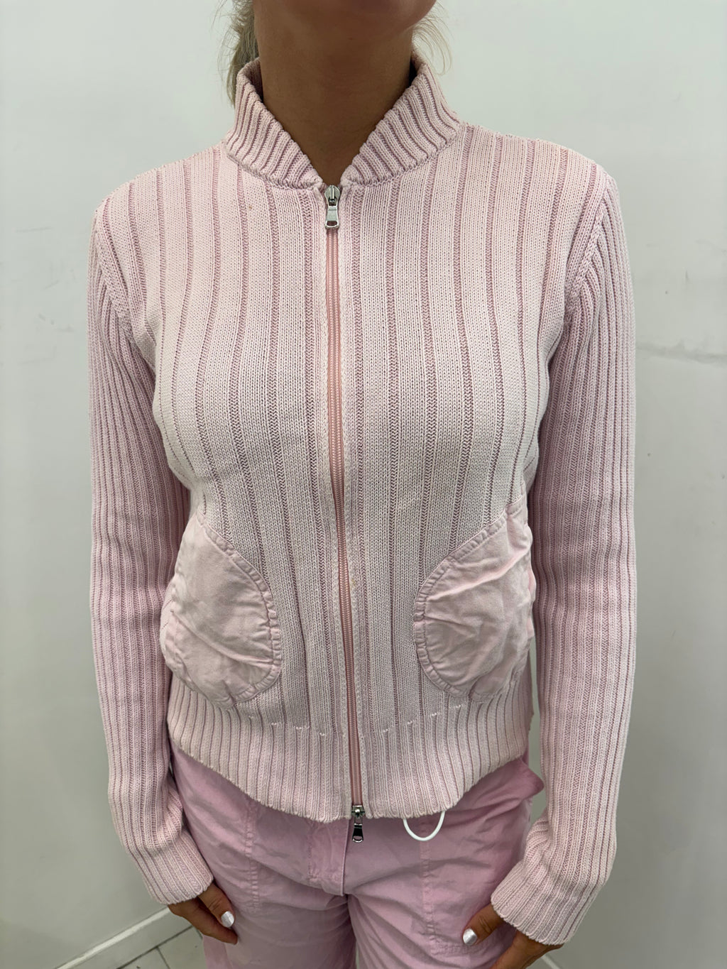 Pale Pink Ribbed Knit Zip-Up Cardigan With Pockets