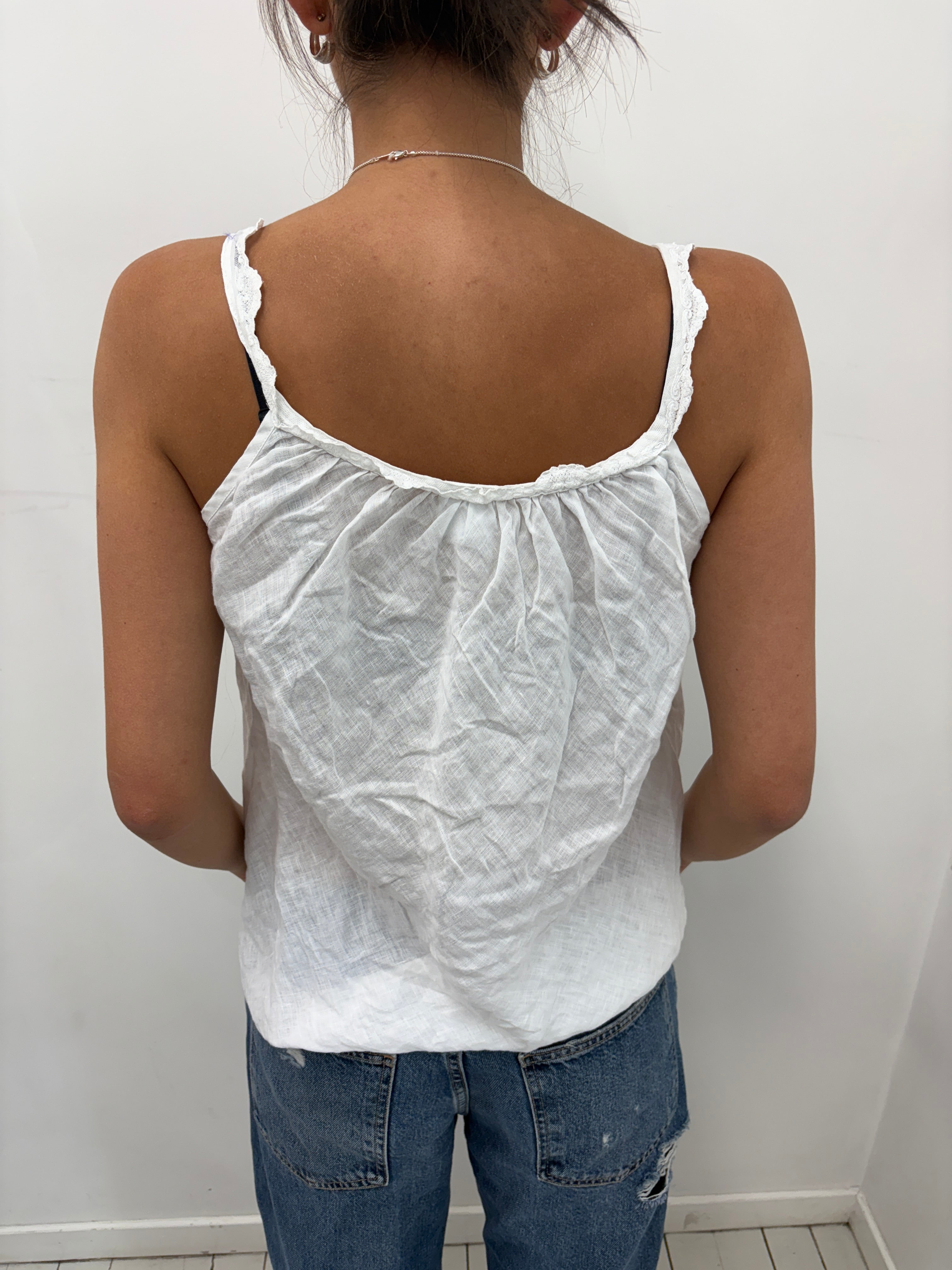 White Linen Cami with Lace Trim