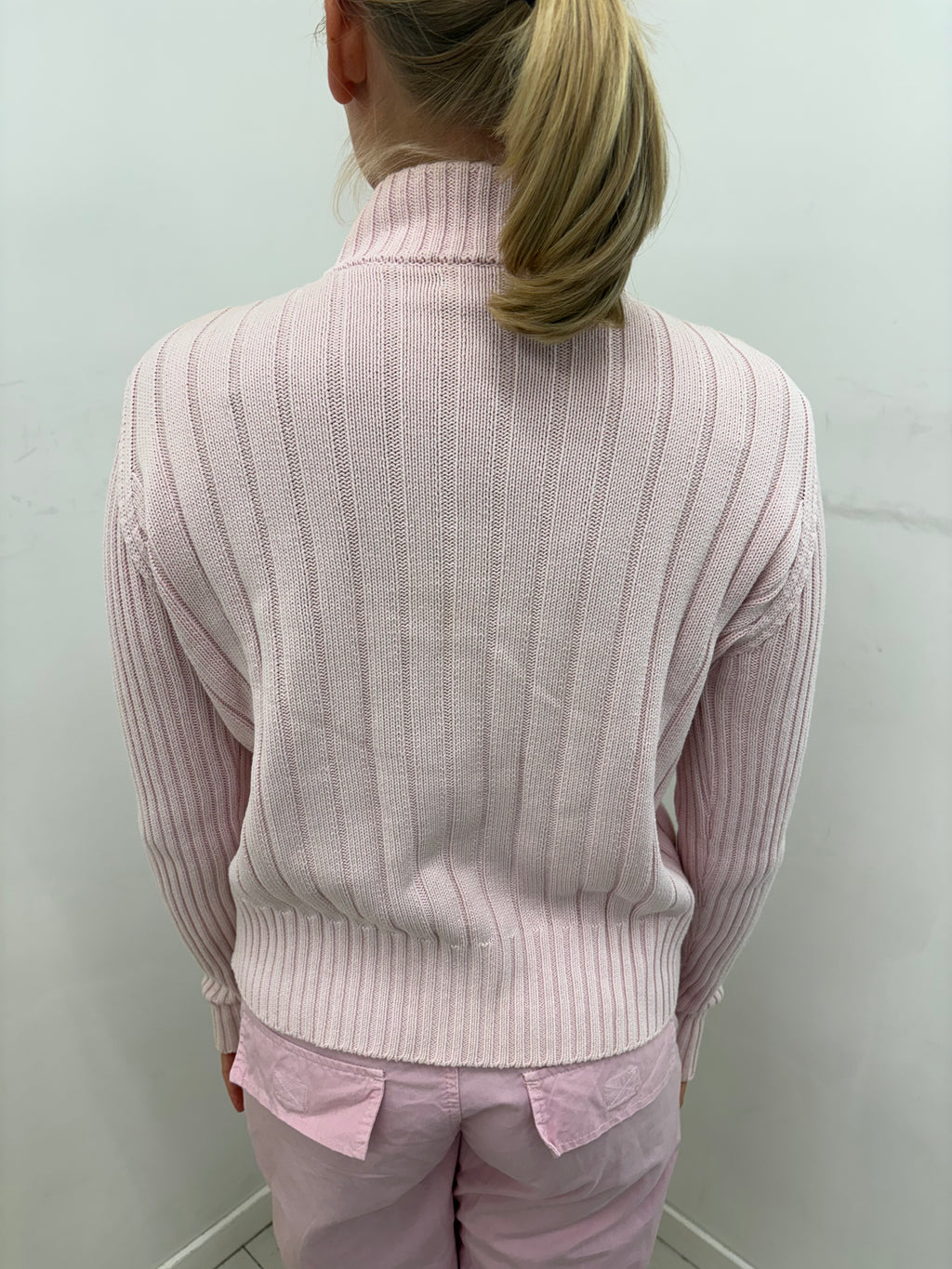 Pale Pink Ribbed Knit Zip-Up Cardigan With Pockets