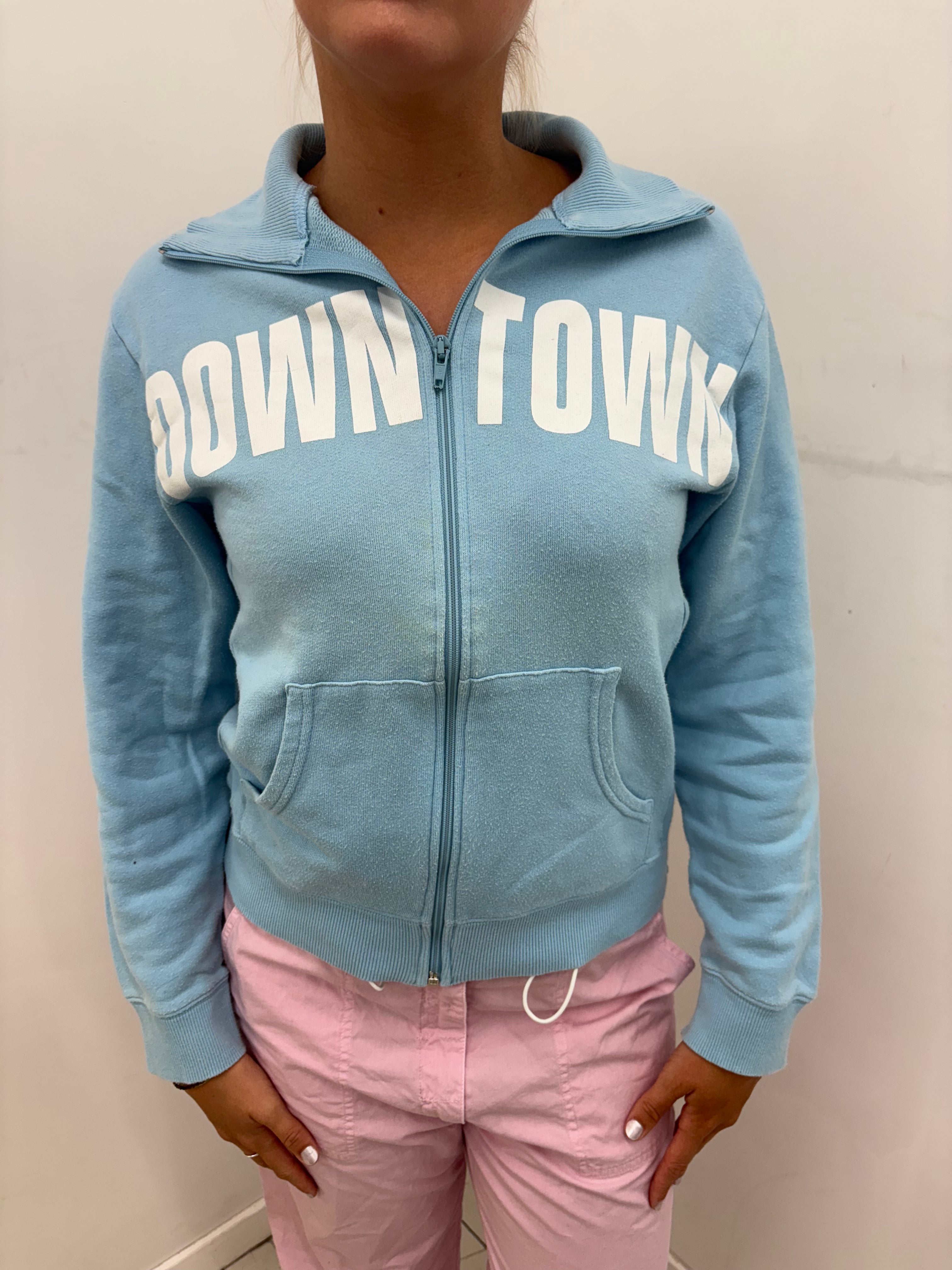 Baby Blue "Downtown" Zip-Up Slogan Hoodie