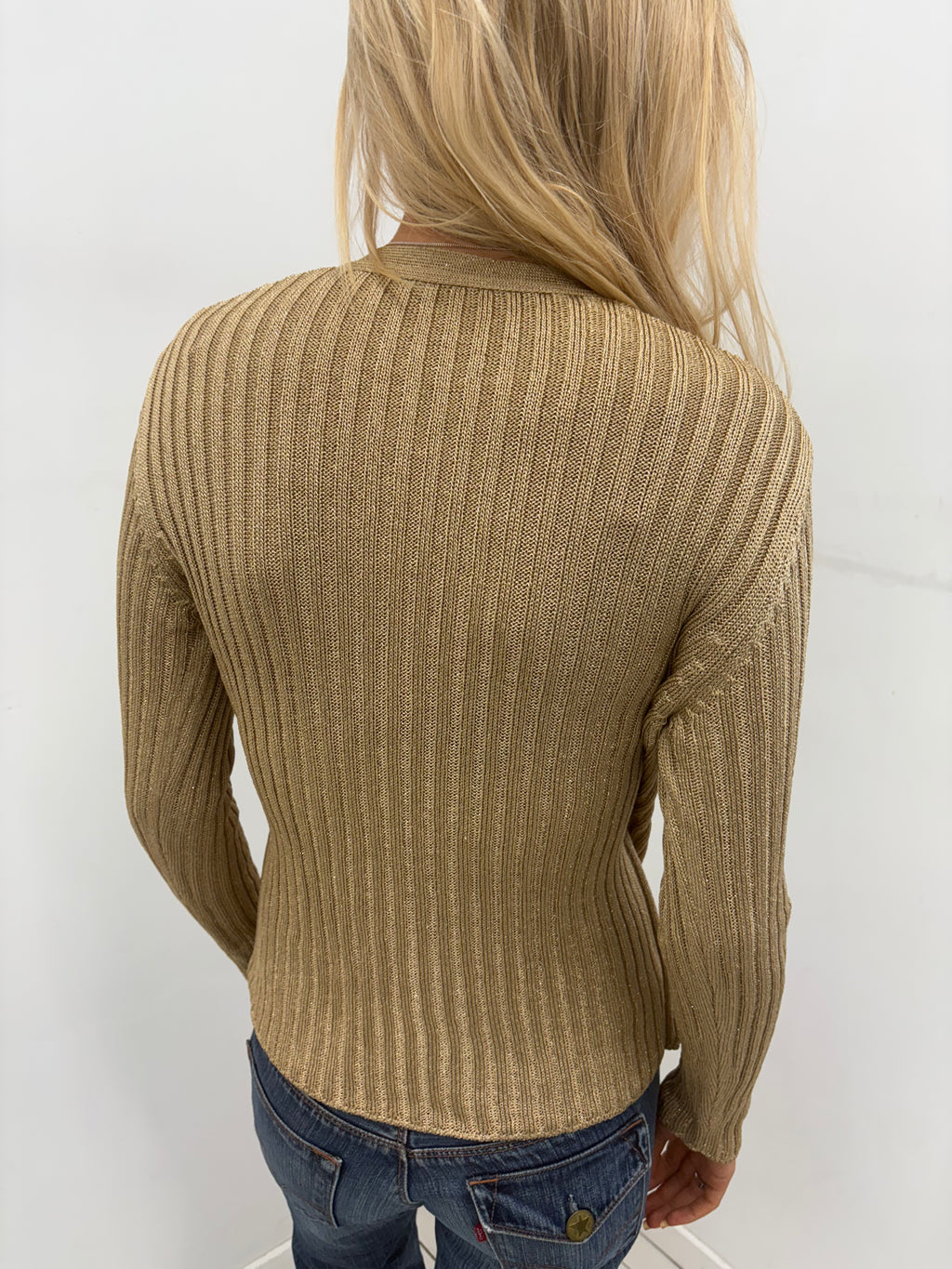 Gold Shimmer Ribbed Wrap-Style Knit Top