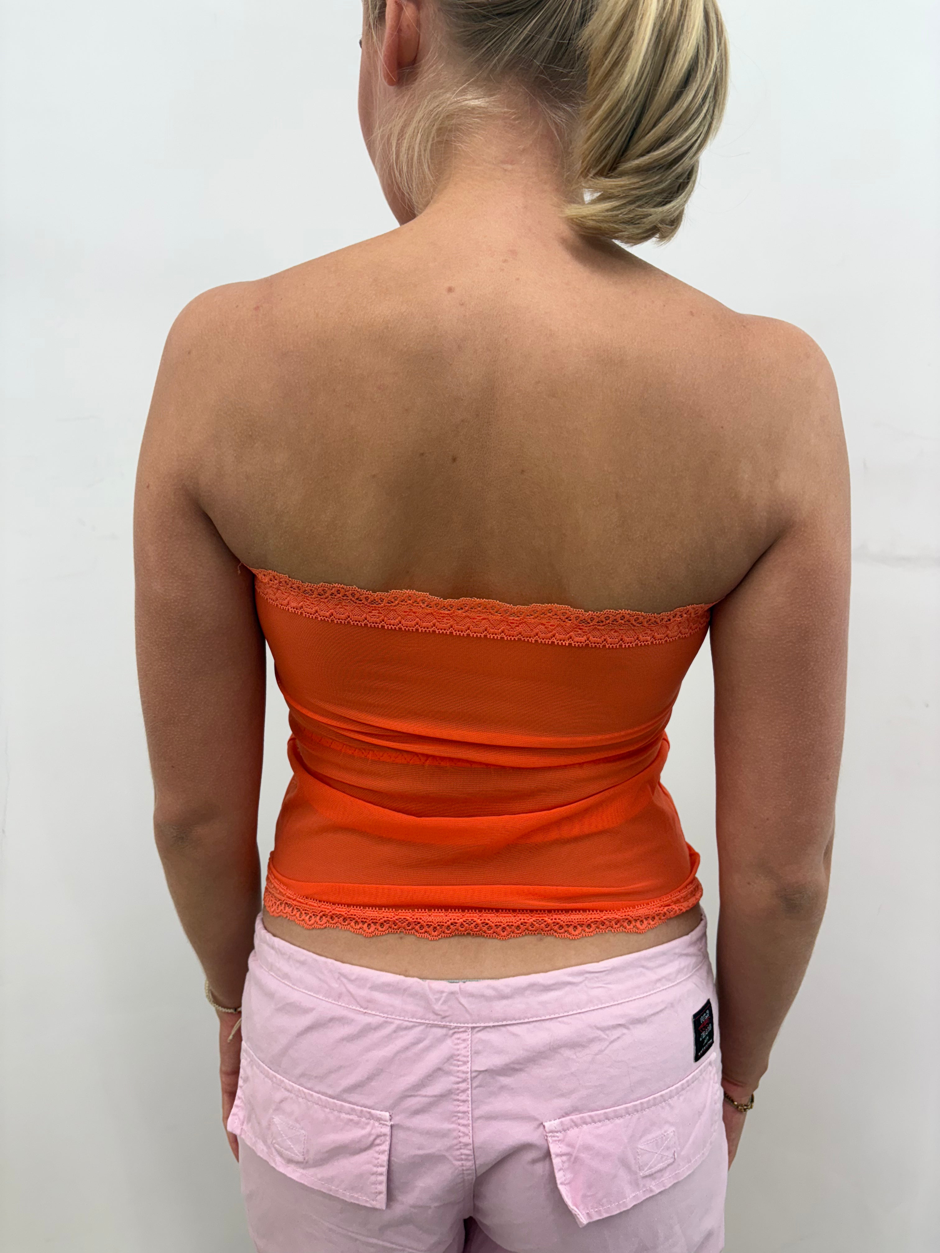 Orange Rhinestone Lace-Trim Bandeau Crop Top