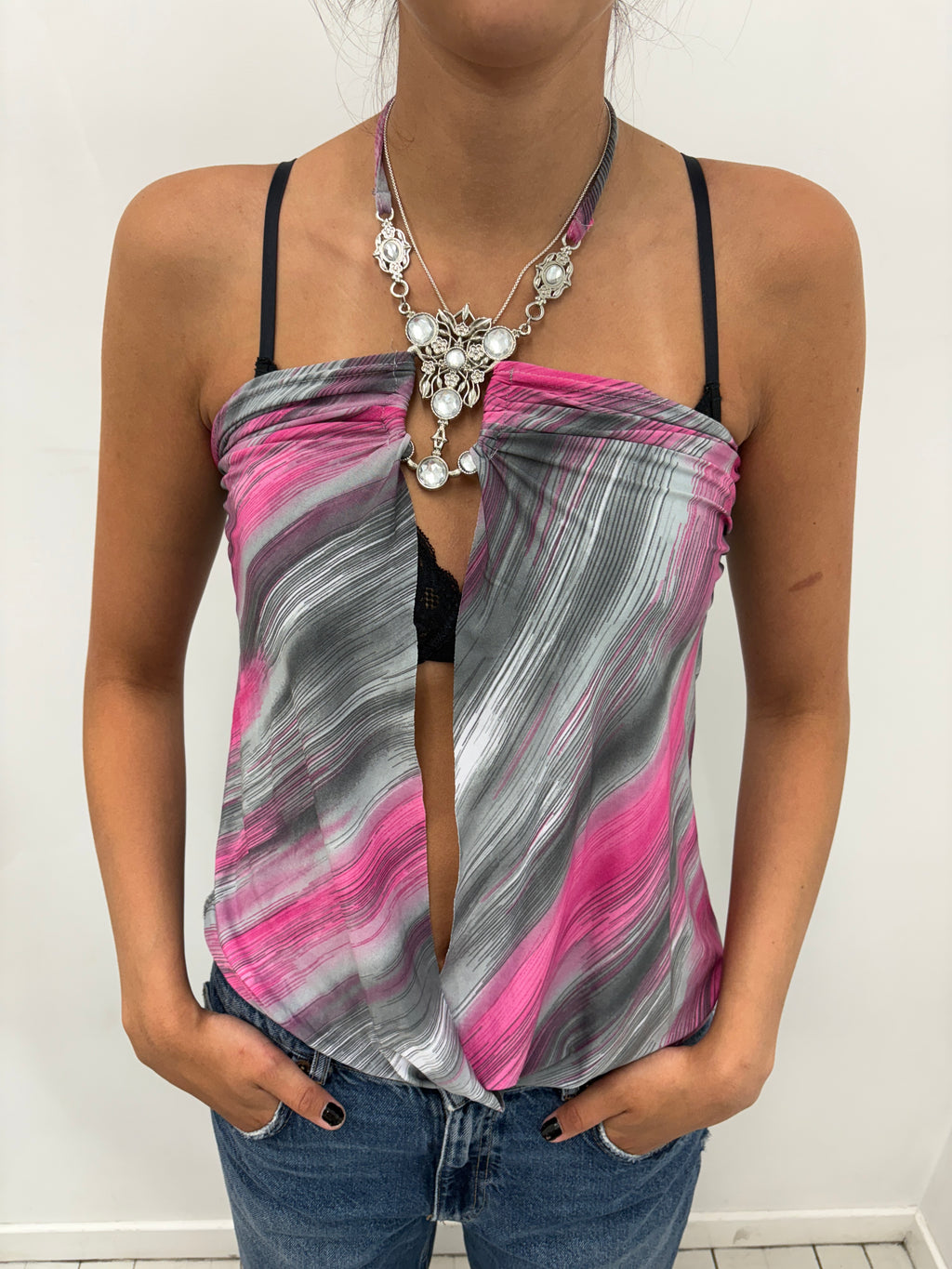 Pink and Grey Swirl Print Halter Top