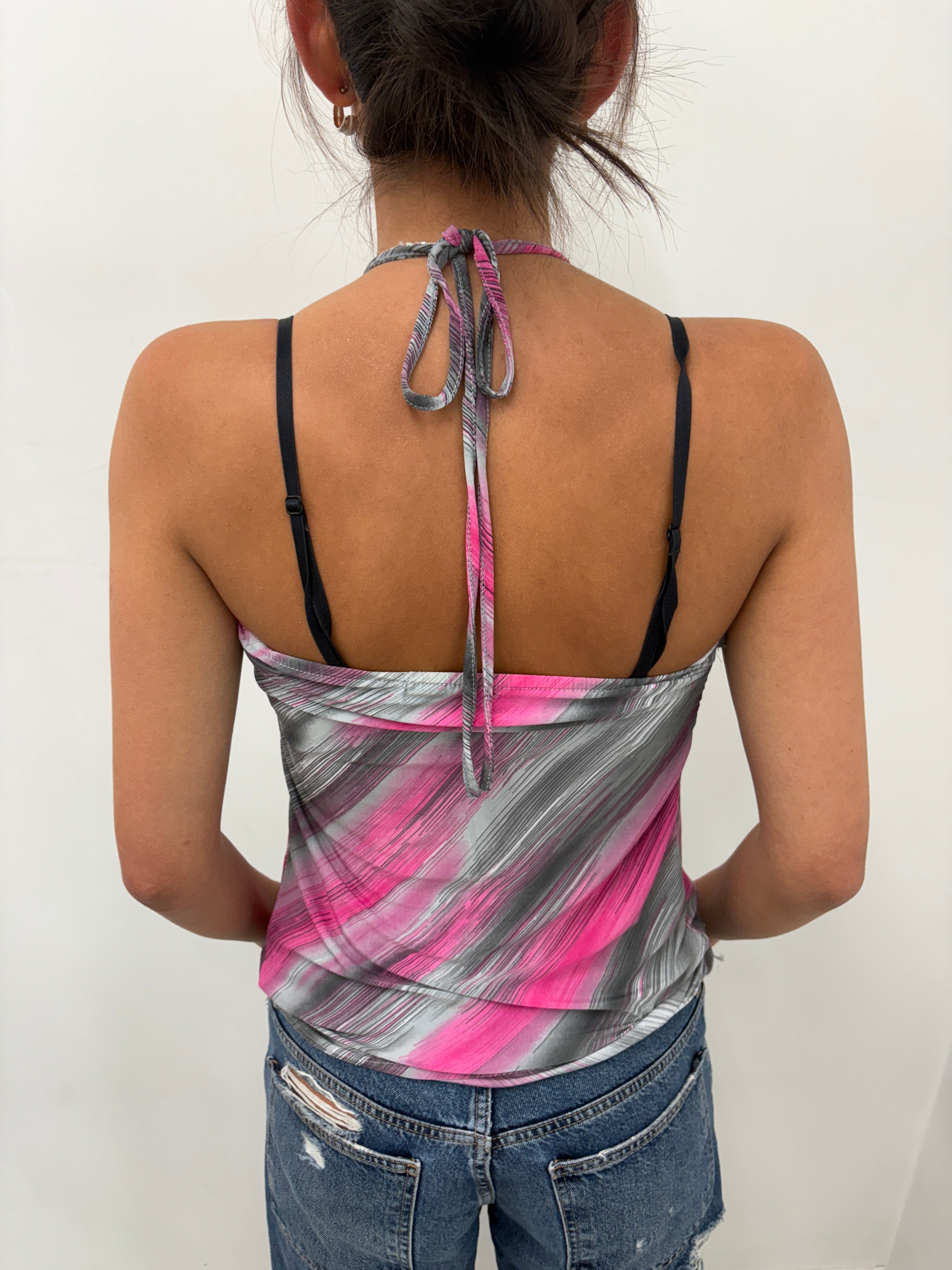 Pink and Grey Swirl Print Halter Top
