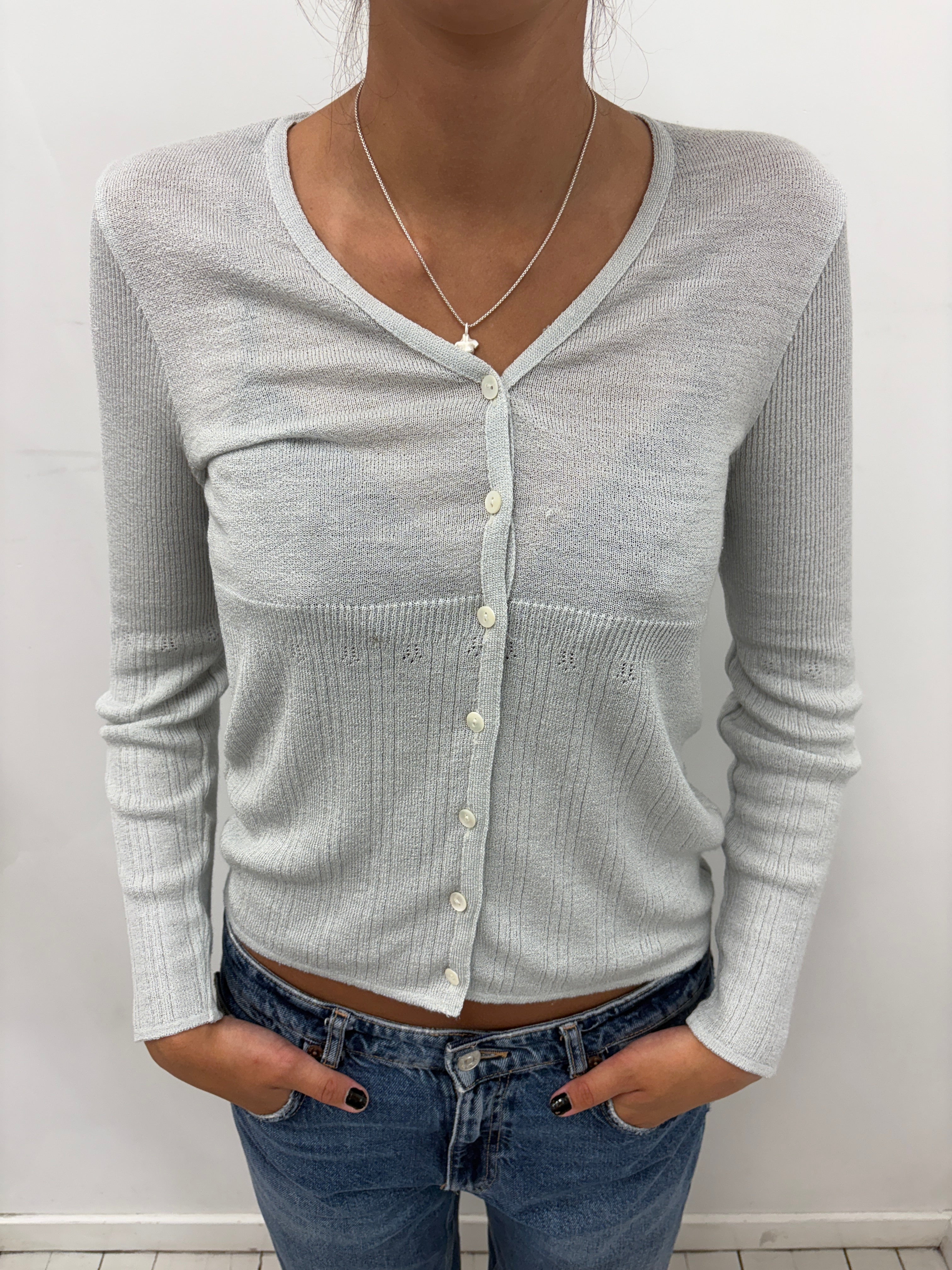 Light Grey Ribbed Button-Up Cardigan Top