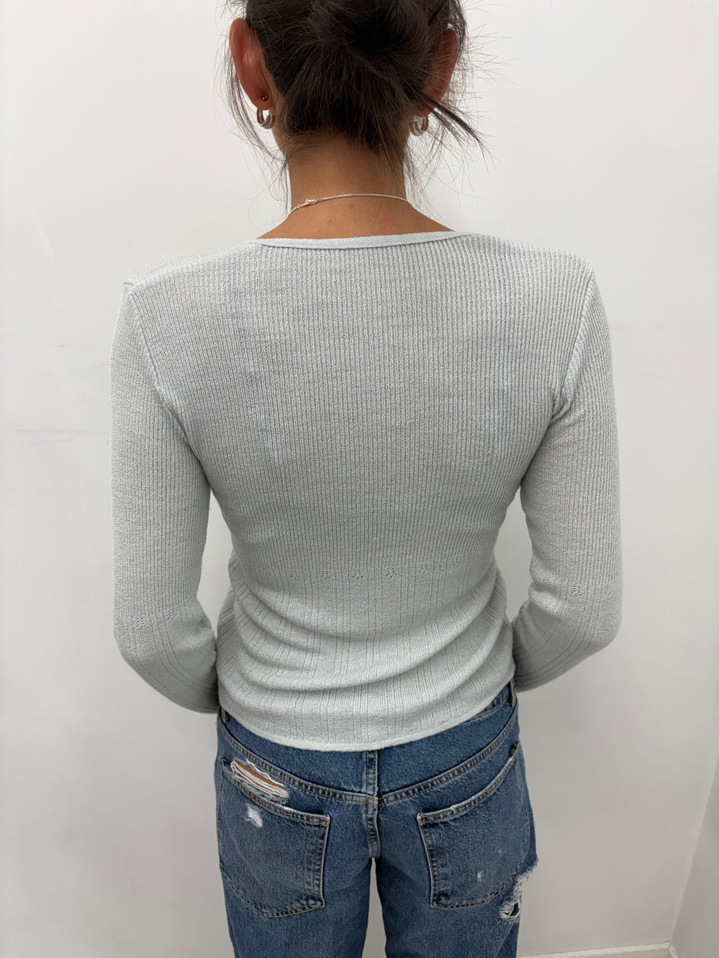 Light Grey Ribbed Button-Up Cardigan Top