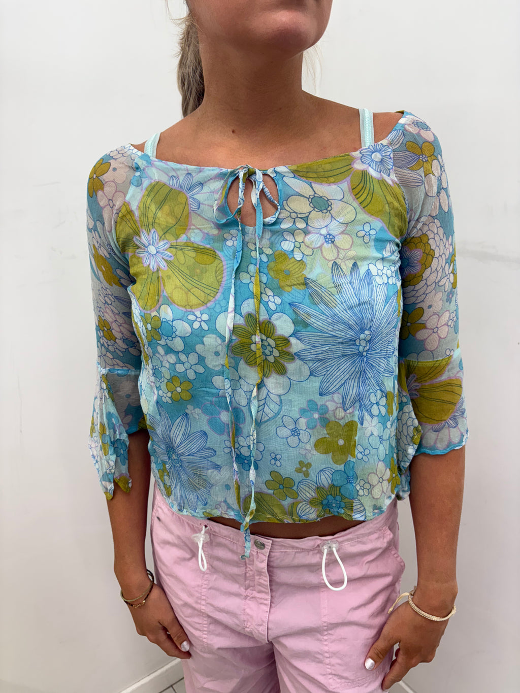 Blue & Green Retro Floral Sheer Tie-Front Crop Top