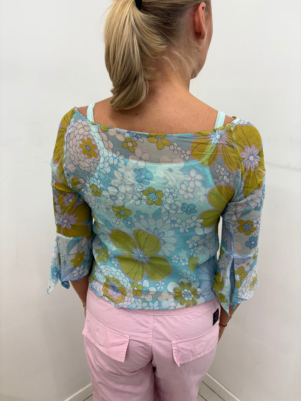 Blue & Green Retro Floral Sheer Tie-Front Crop Top