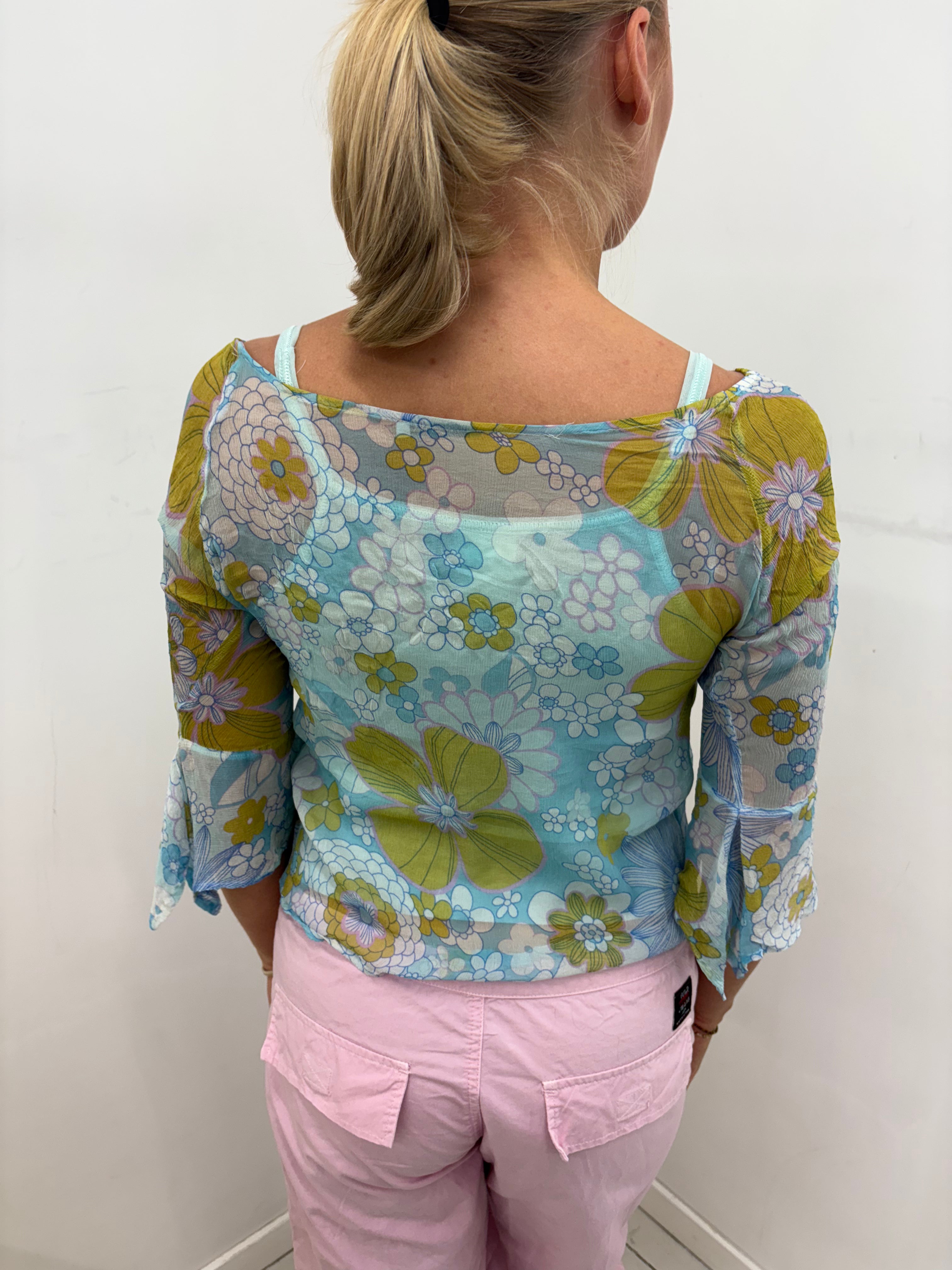 Blue & Green Retro Floral Sheer Tie-Front Crop Top