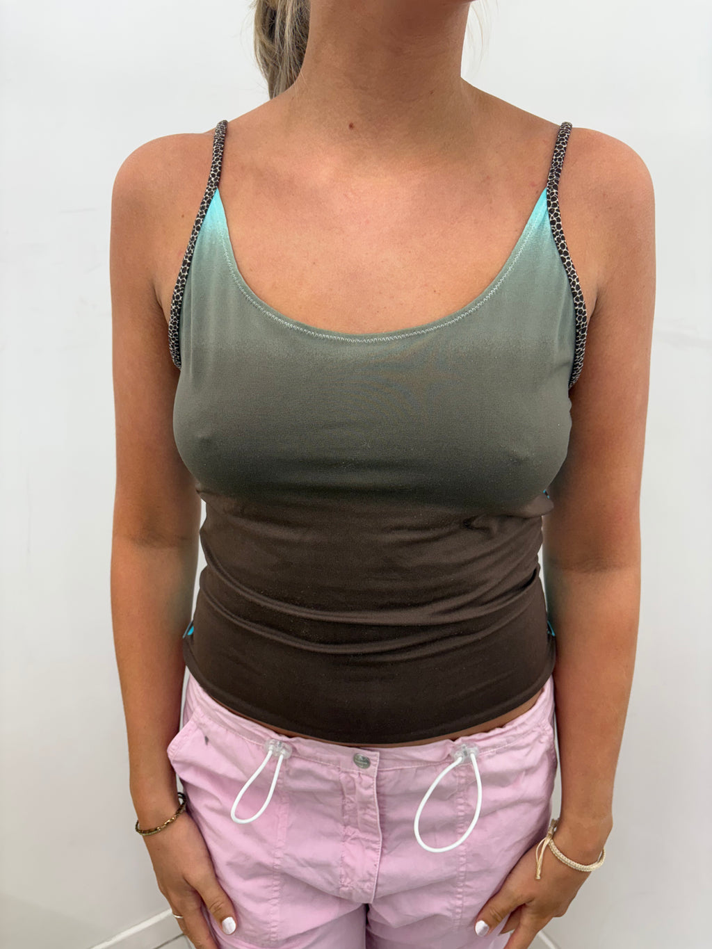 Khaki & Teal Ombré Spaghetti Strap Crop Top