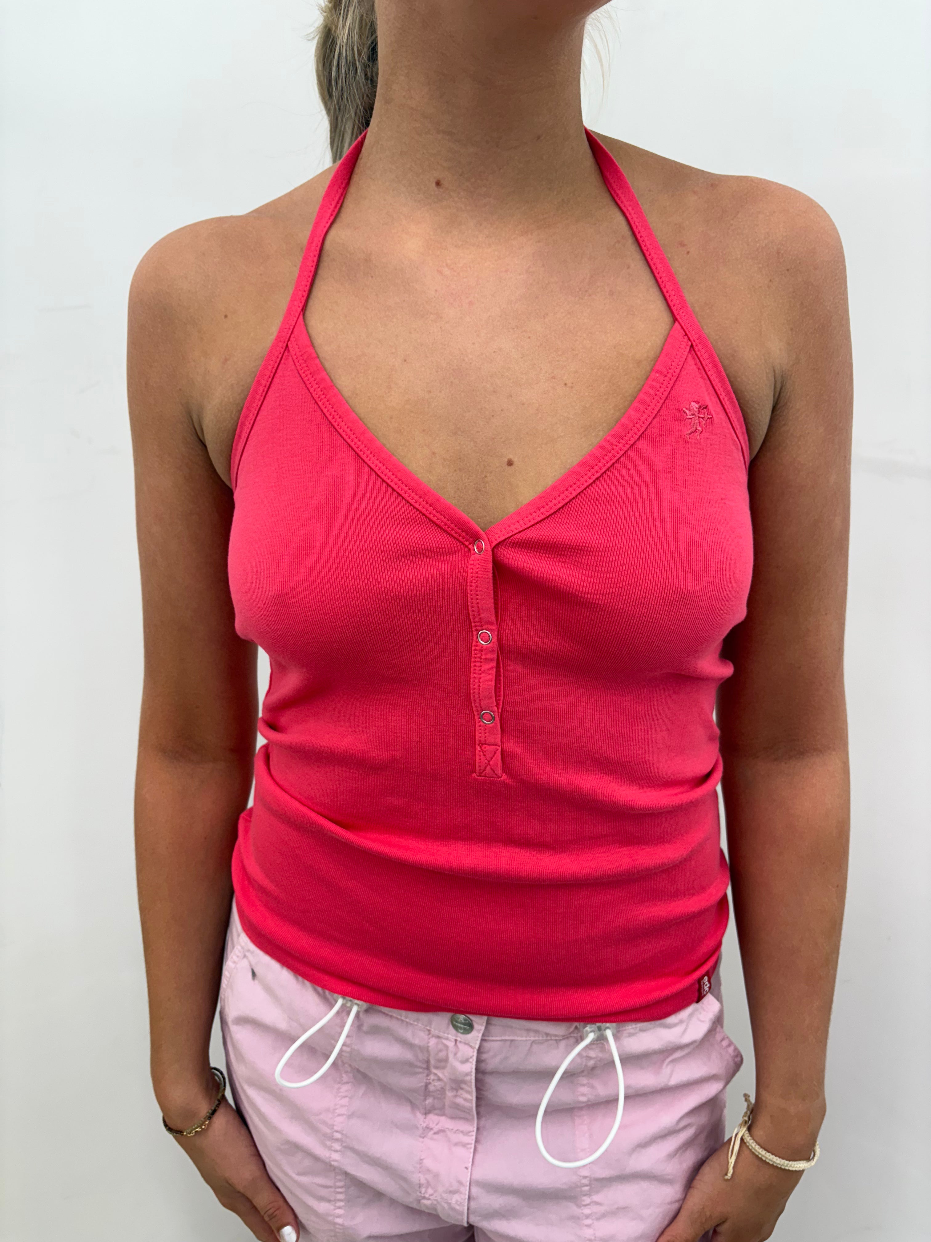 Coral Pink Ribbed Halterneck Snap-Button Cami