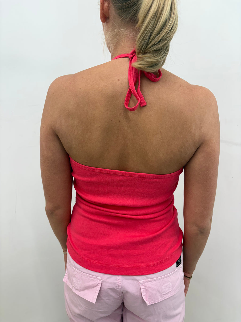 Coral Pink Ribbed Halterneck Snap-Button Cami