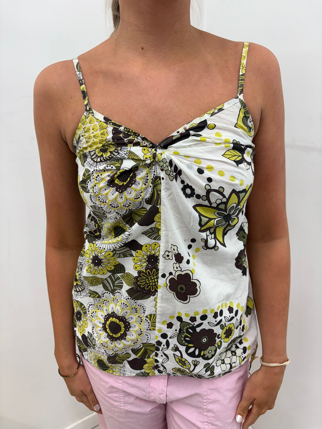 White & Green Retro Floral Twist-Front Cami Top