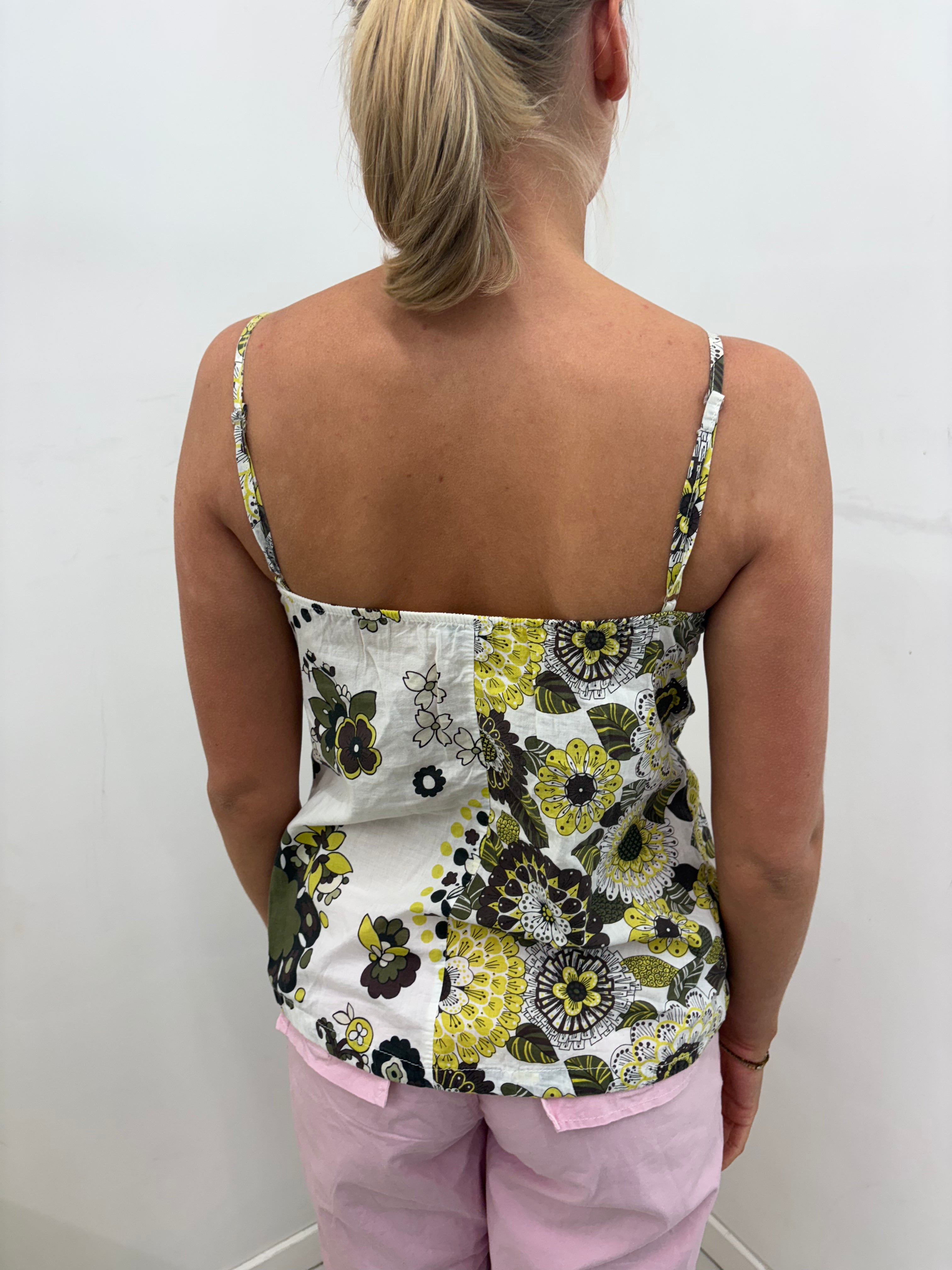 White & Green Retro Floral Twist-Front Cami Top