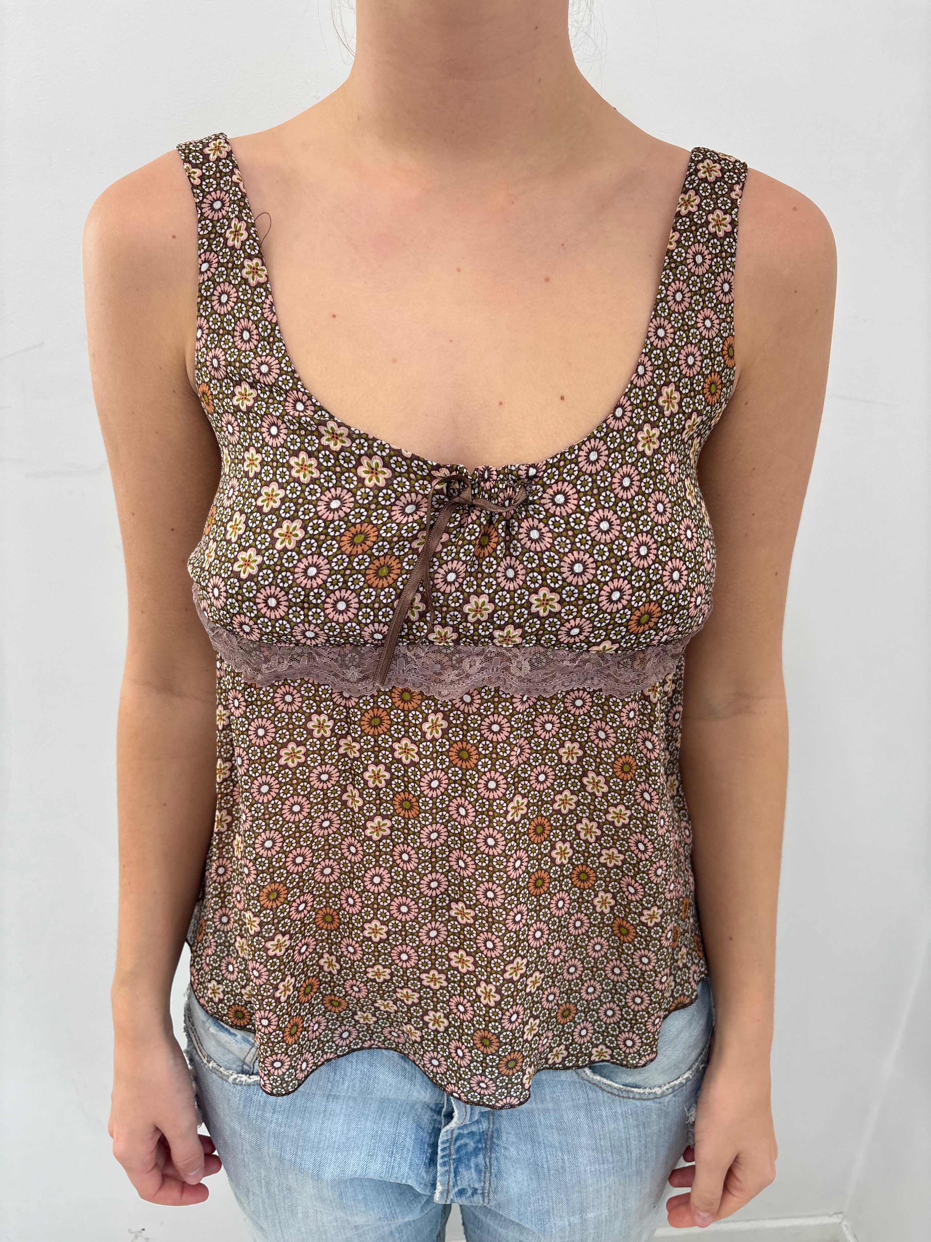 Brown Floral Lace Trim Cami Top