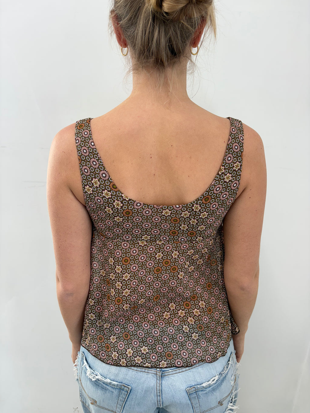 Brown Floral Lace Trim Cami Top