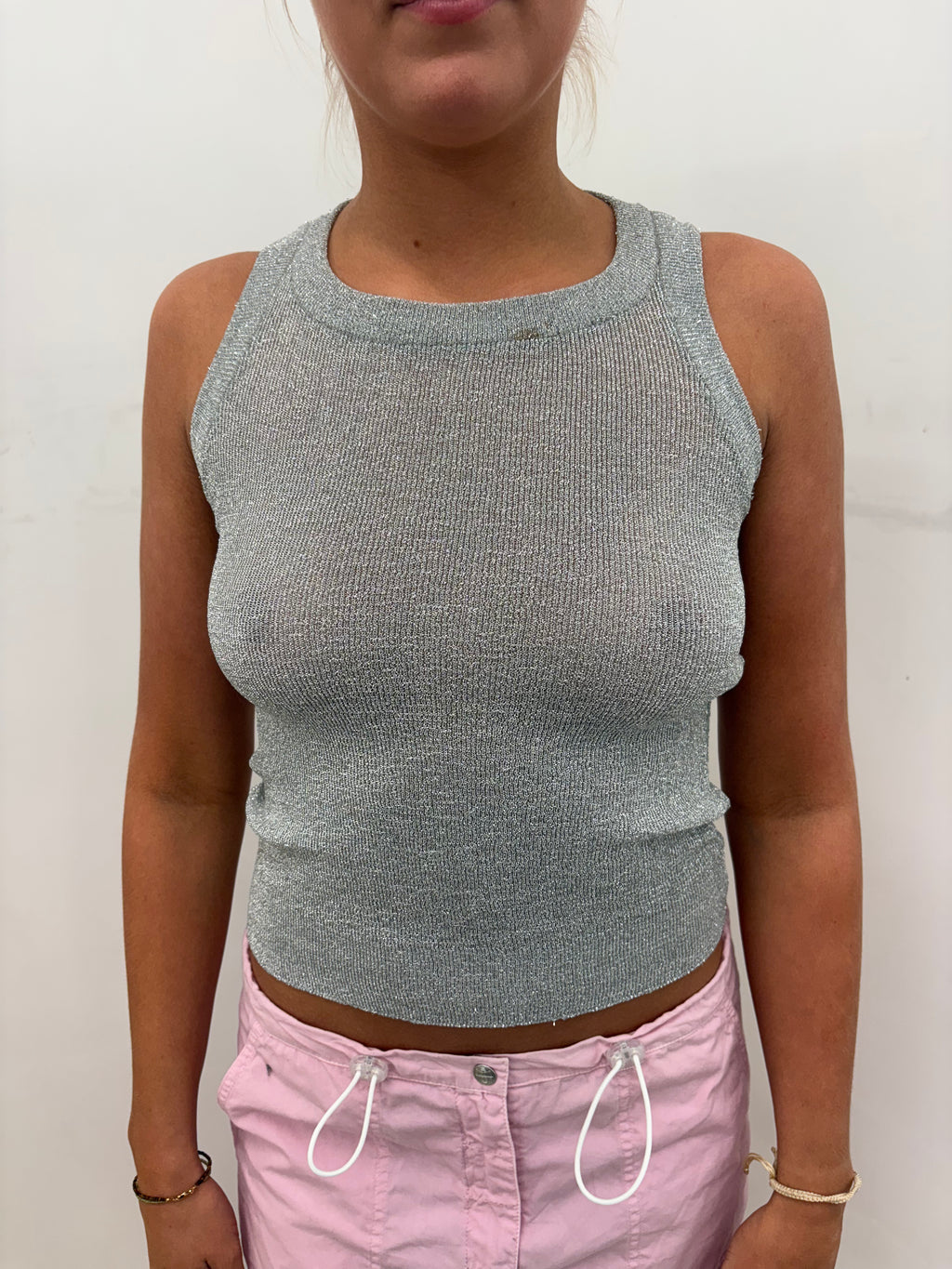 Silver Lurex Ribbed High-Neck Crop Knit Top