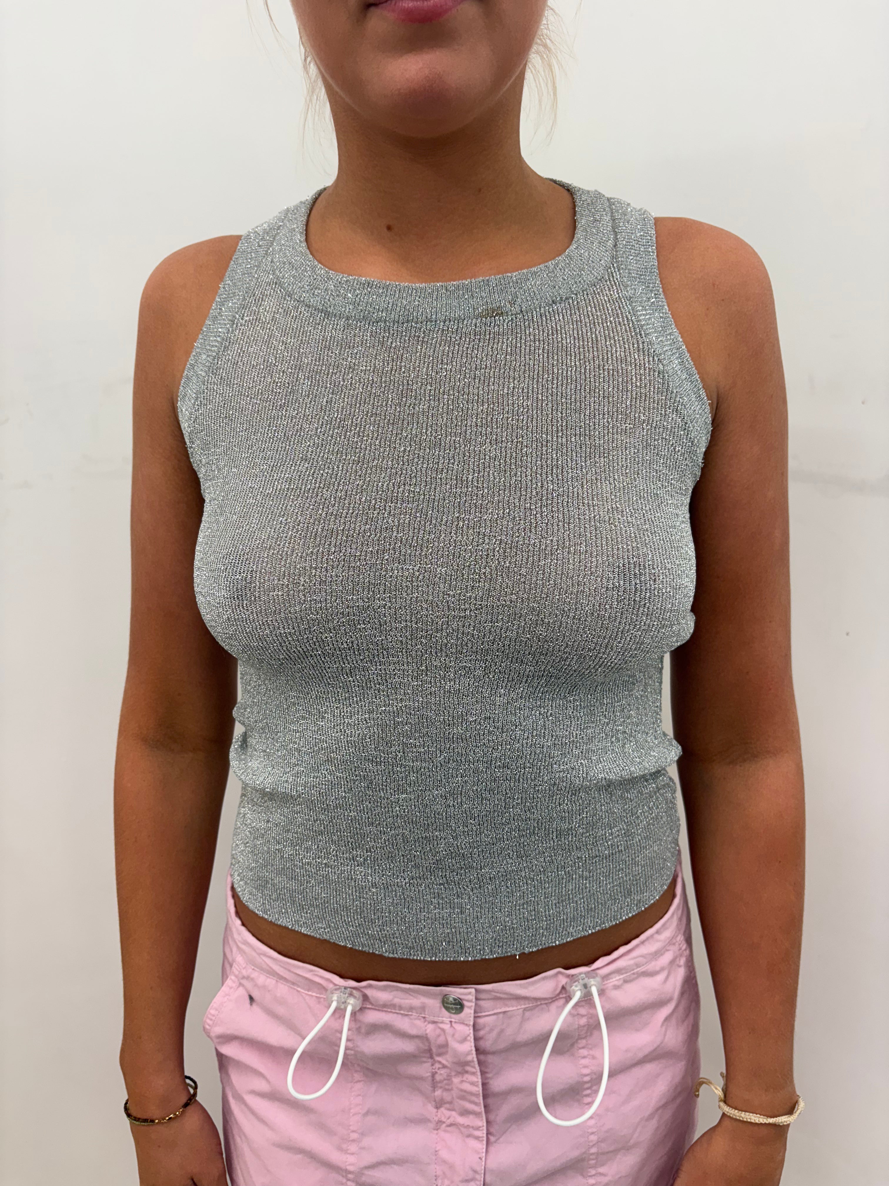 Silver Lurex Ribbed High-Neck Crop Knit Top