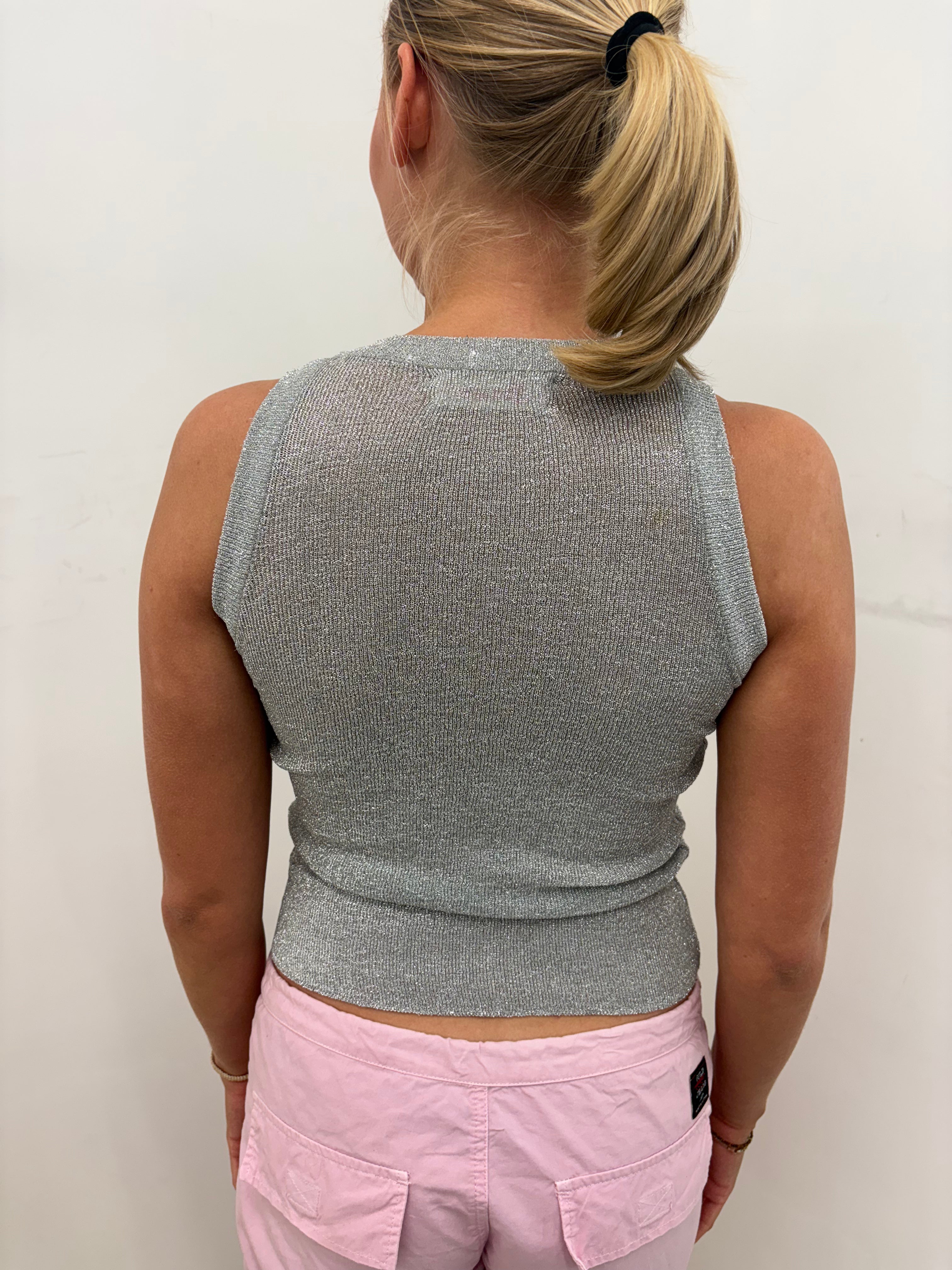 Silver Lurex Ribbed High-Neck Crop Knit Top