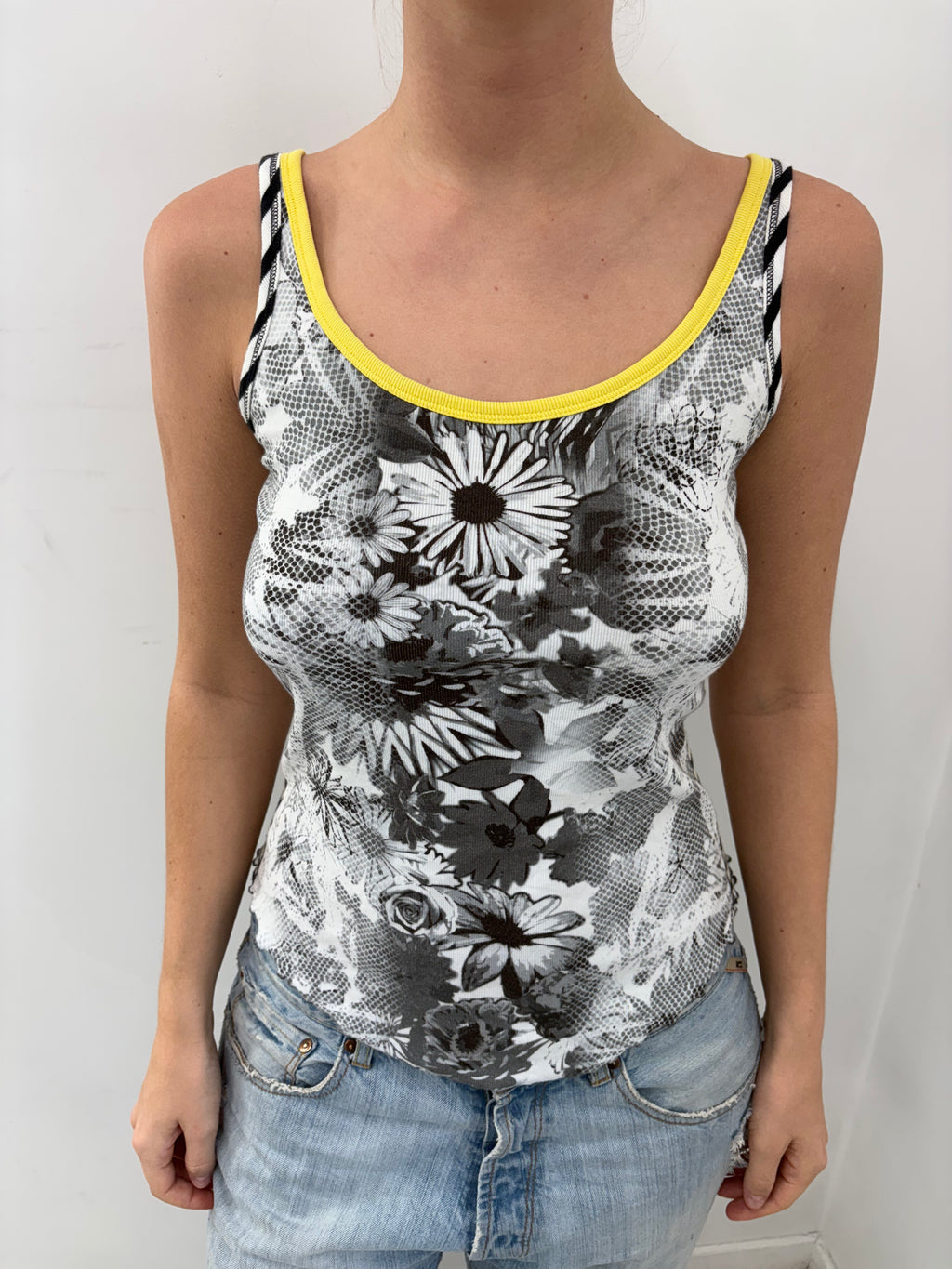 Black White Floral Print Tank with Yellow Trim