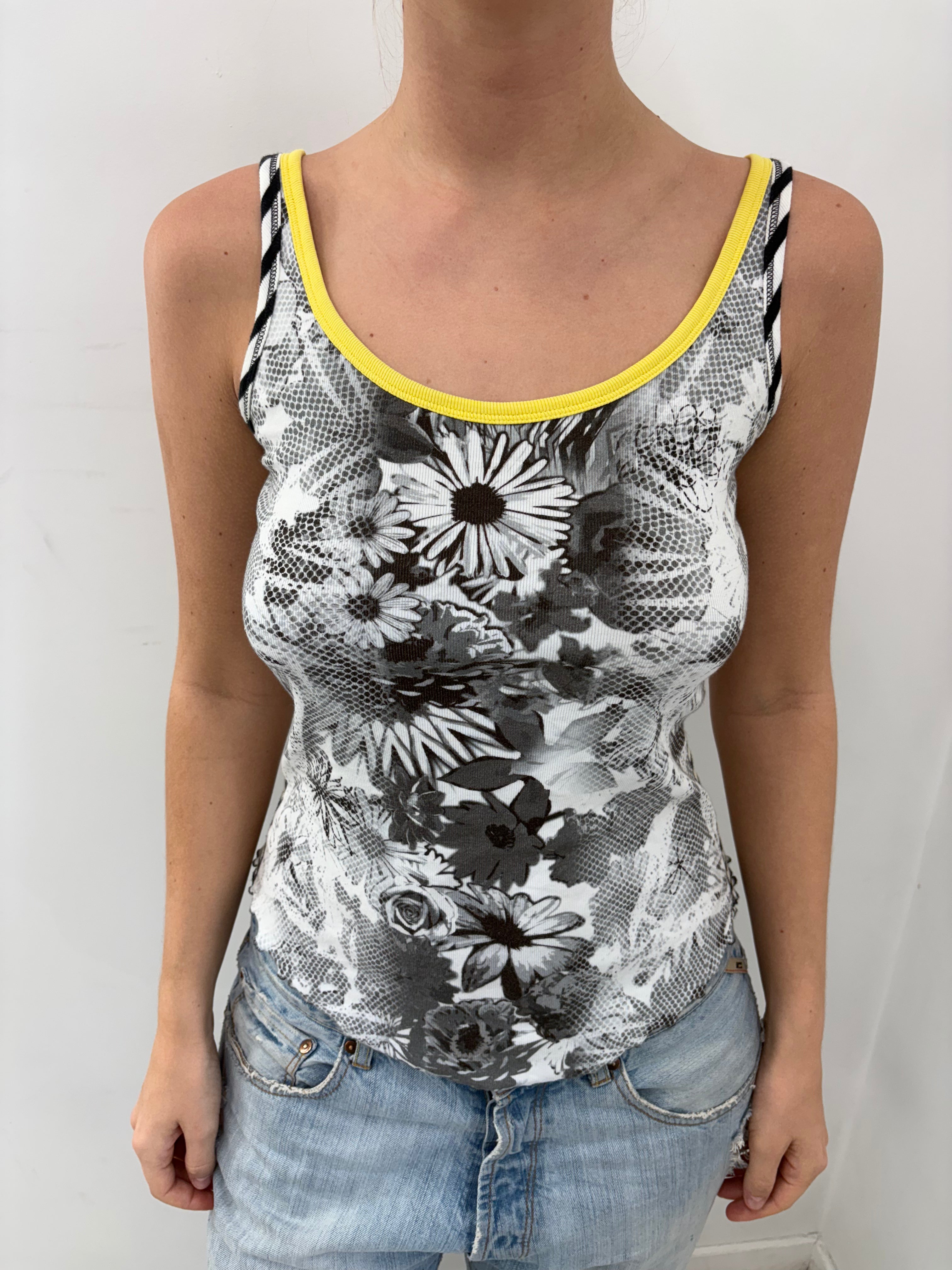 Black White Floral Print Tank with Yellow Trim