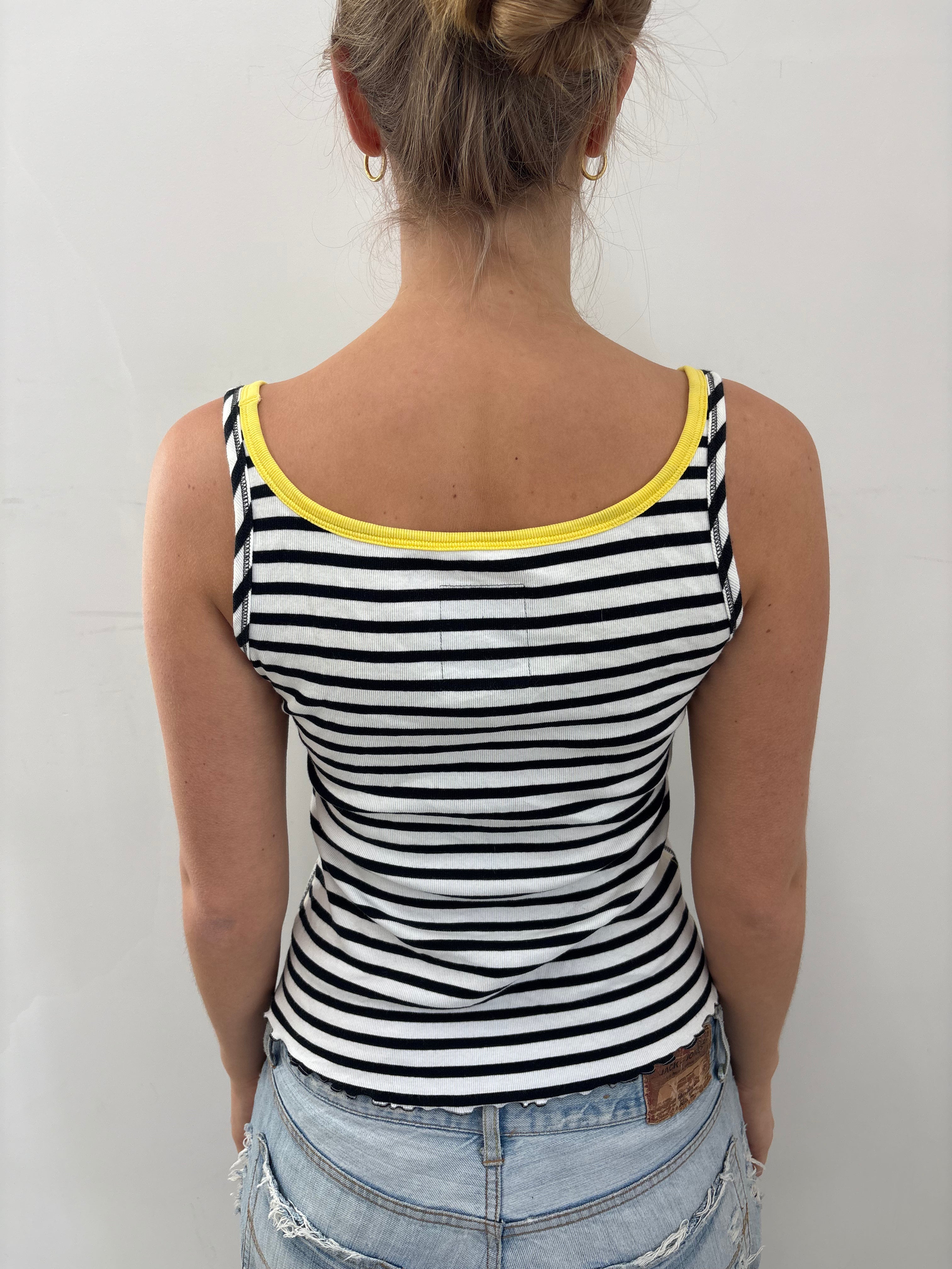 Black White Floral Print Tank with Yellow Trim