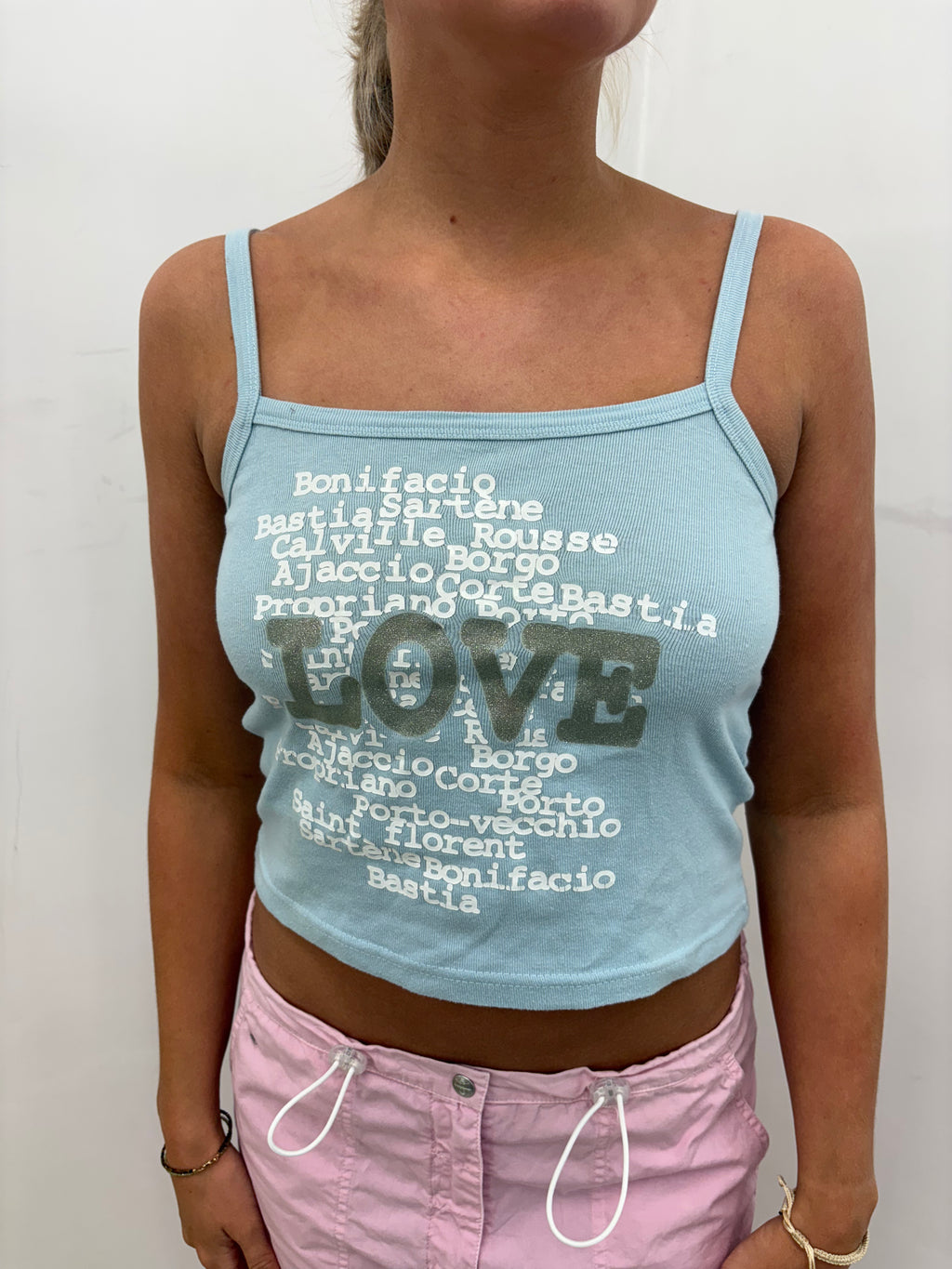 Baby Blue "Love" Corsica Text Print Crop Cami
