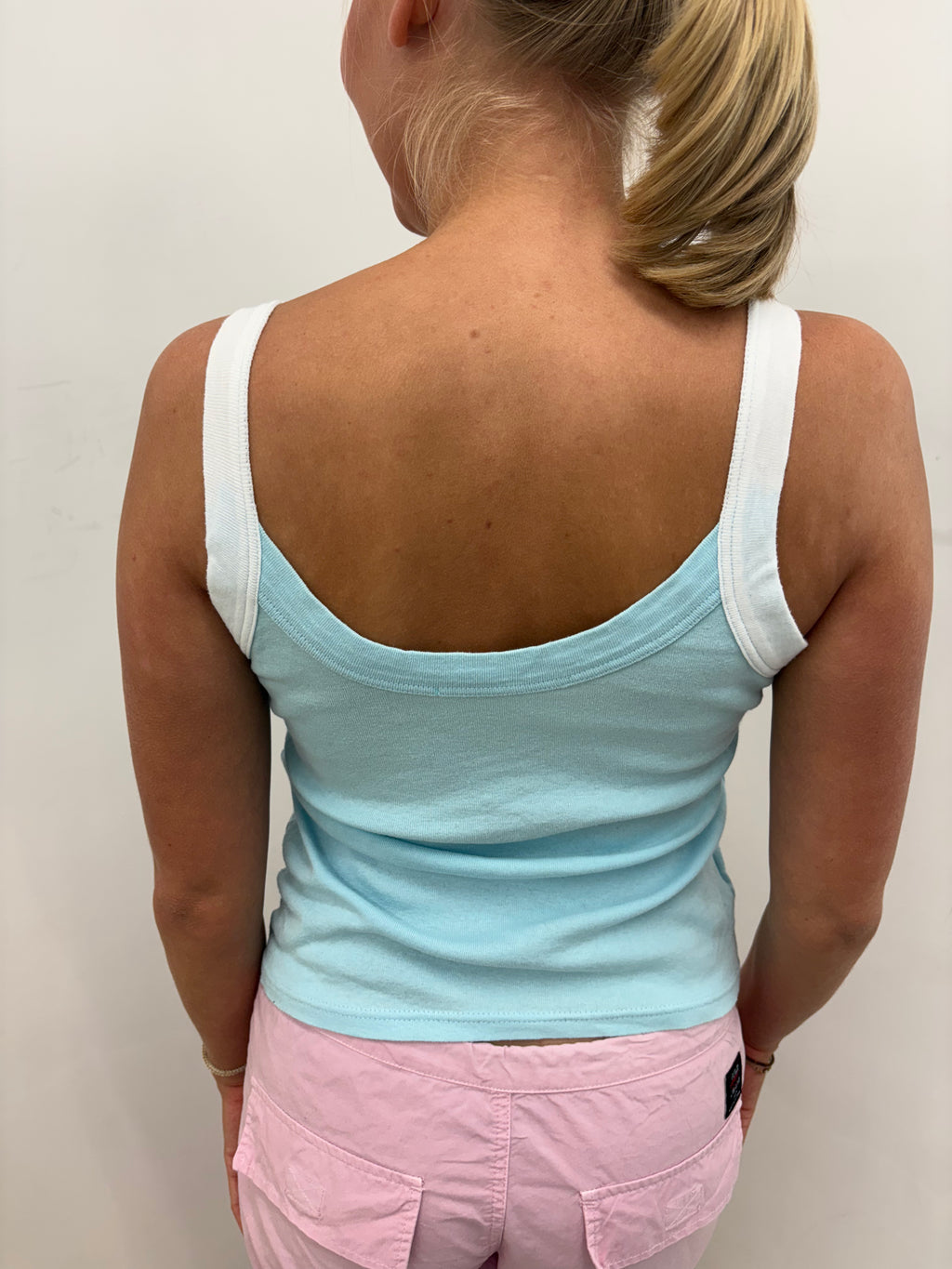 Mint Blue & White Ringer Ribbed Crop Tank Top