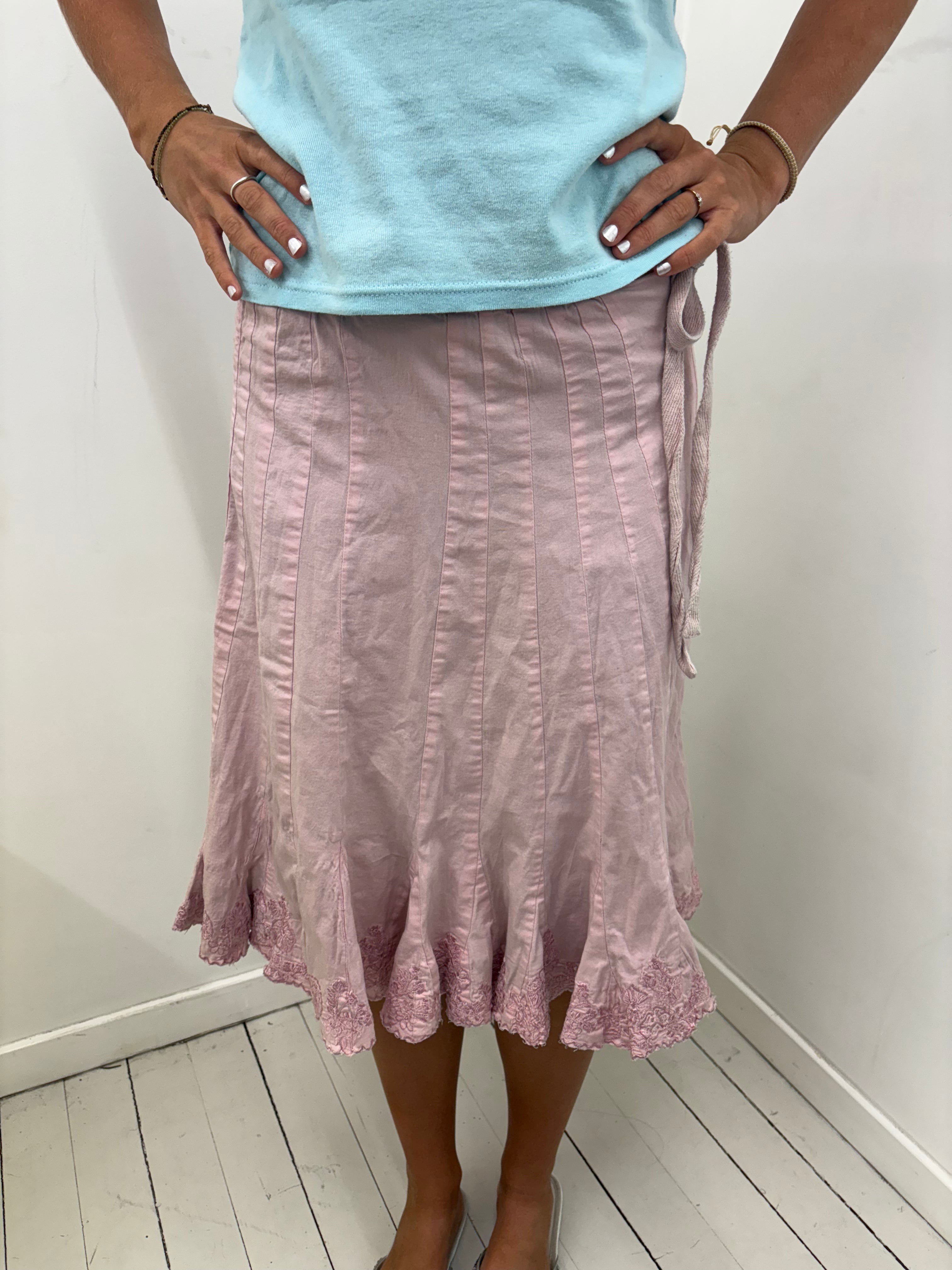 Dusty Pink Pintuck Satin Midi Skirt With Lace Hem