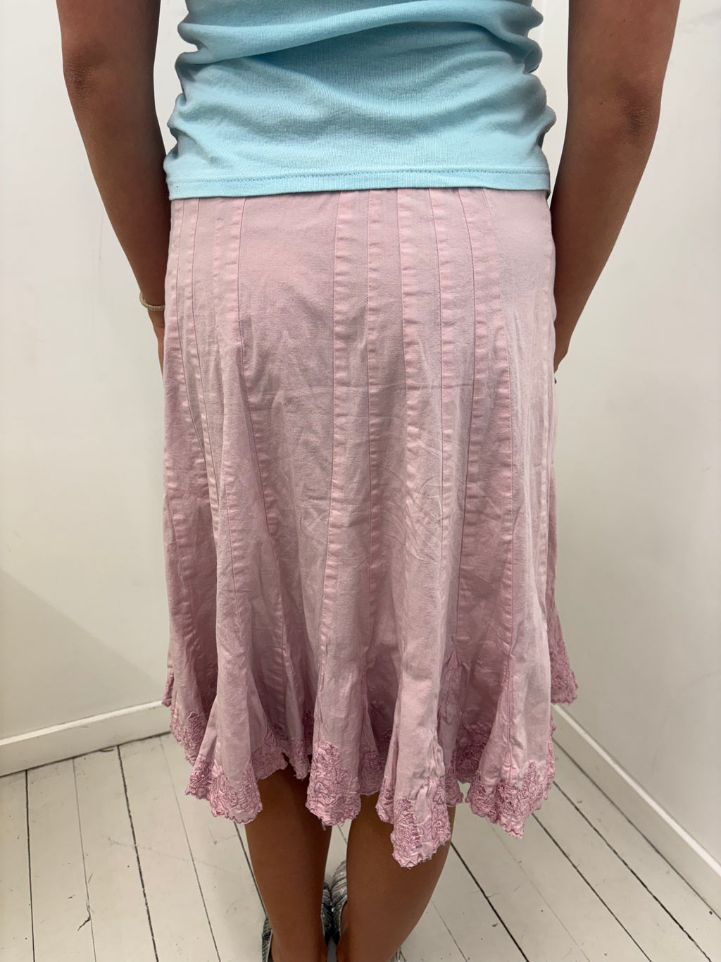 Dusty Pink Pintuck Satin Midi Skirt With Lace Hem